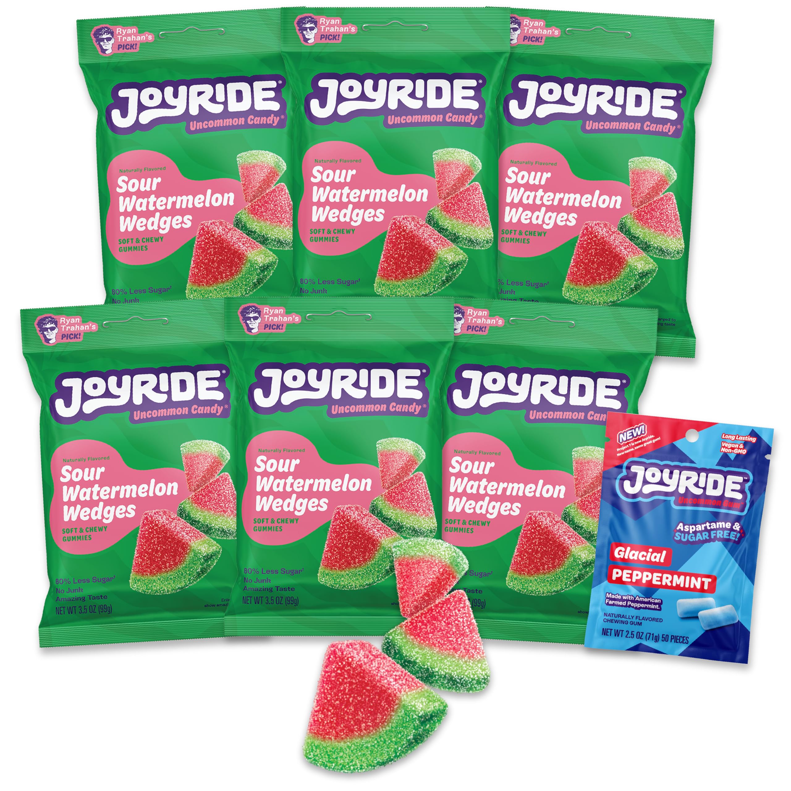 JOYRIDE Sour Watermelon Wedges - 3.5 oz 6-Pack Bundle with 2.5oz Glacial Peppermint Gum, Low Sugar and Calories, Healthy Sour Candy, Watermelon Gummies (7 Items)
