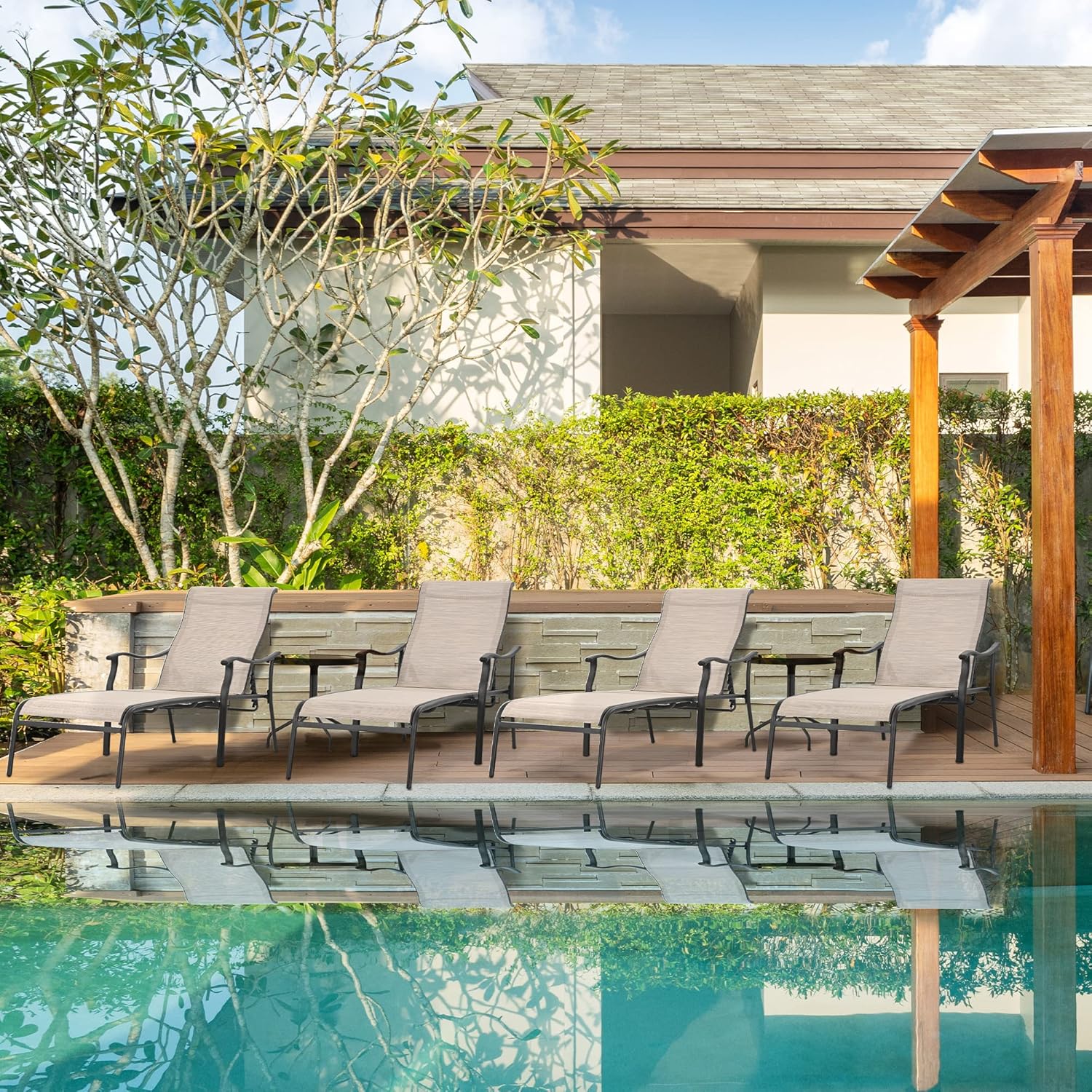 HAPPATIO Patio Chaise Lounge Set 6 Pieces,Patio Lounge Chair with Glass Coffee Table,Pool Lounge Chair with Breathable Textilene Fabric,Patio Chaise Lounge Chair(Khaki) : Patio, Lawn & Garden