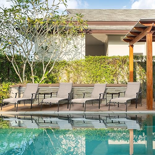 Miniatura 10 de HAPPATIO Tumbona para patio de 3 piezas, silla de patio con mesa de centro de cristal, silla de piscina con tela de textileno transpirable para