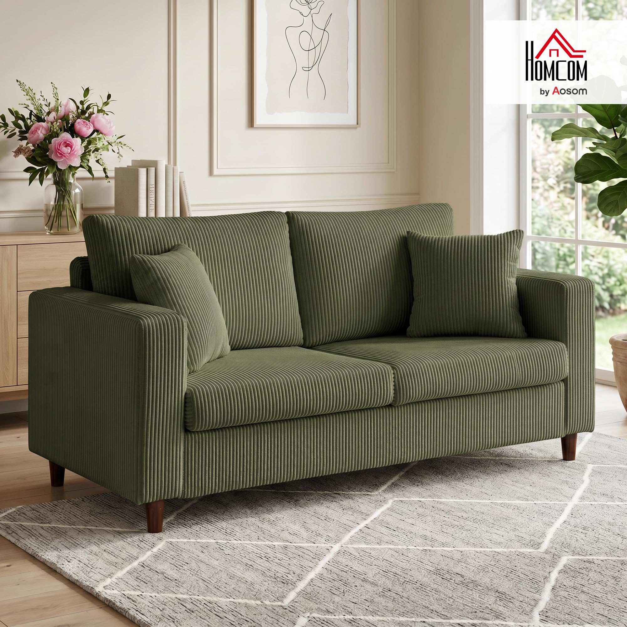 HOMCOM 2-Sitzer-Sofa Bequemes Cordsofa mit Breiten Armlehnen 170 cm Grün