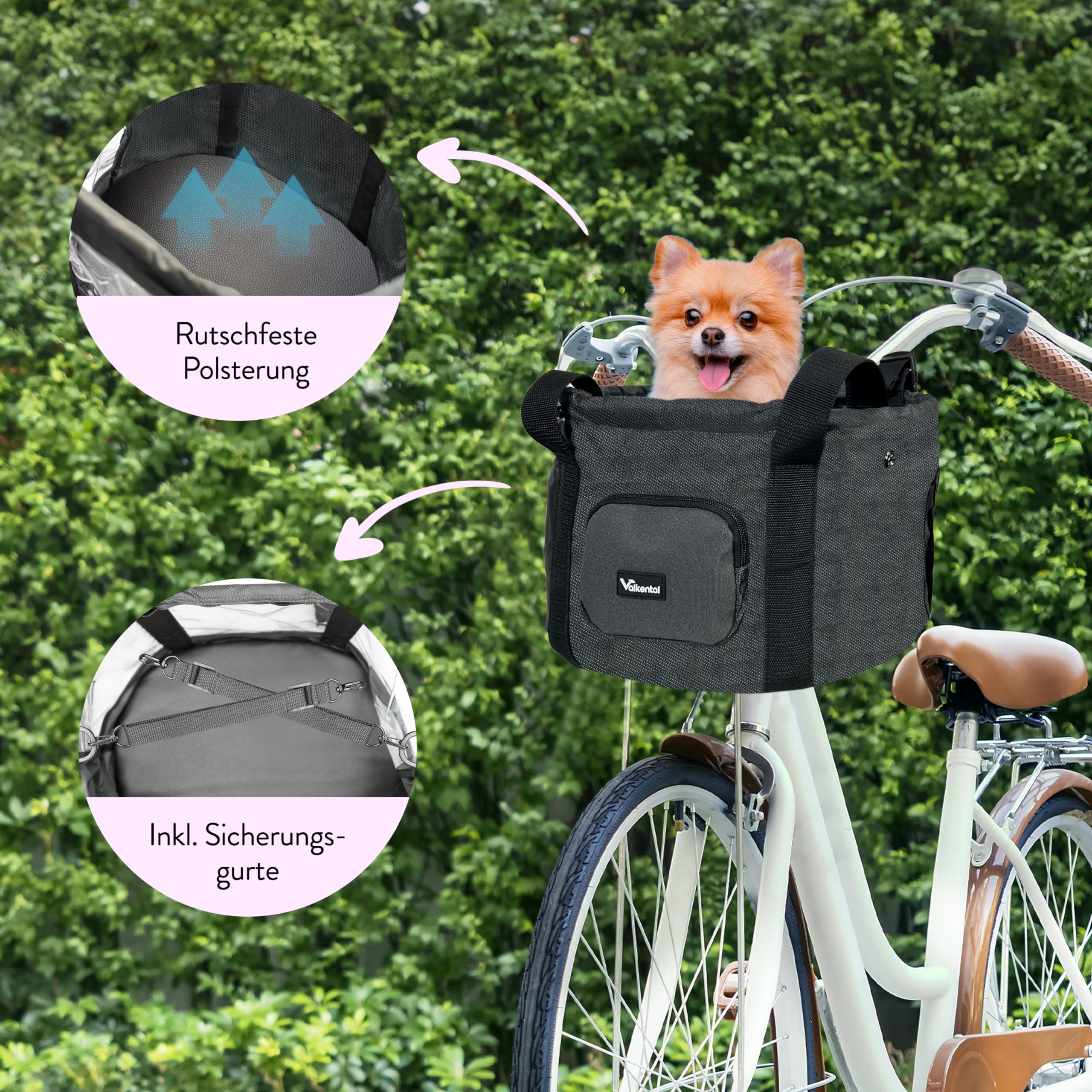 Valkental - Fahrradkorb für Hunde KLICKfix Kompatibel | Ideal als Einkaufskorb | Stabil und Sicher | Inkl. Bodenkissen & Praktischen Fächern