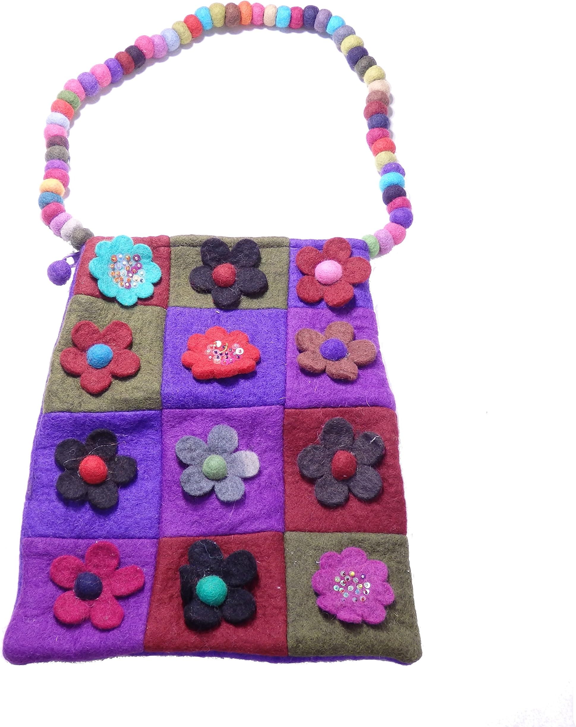 Purple Flowered Felted Wool Handbag with Wool Bead Handle