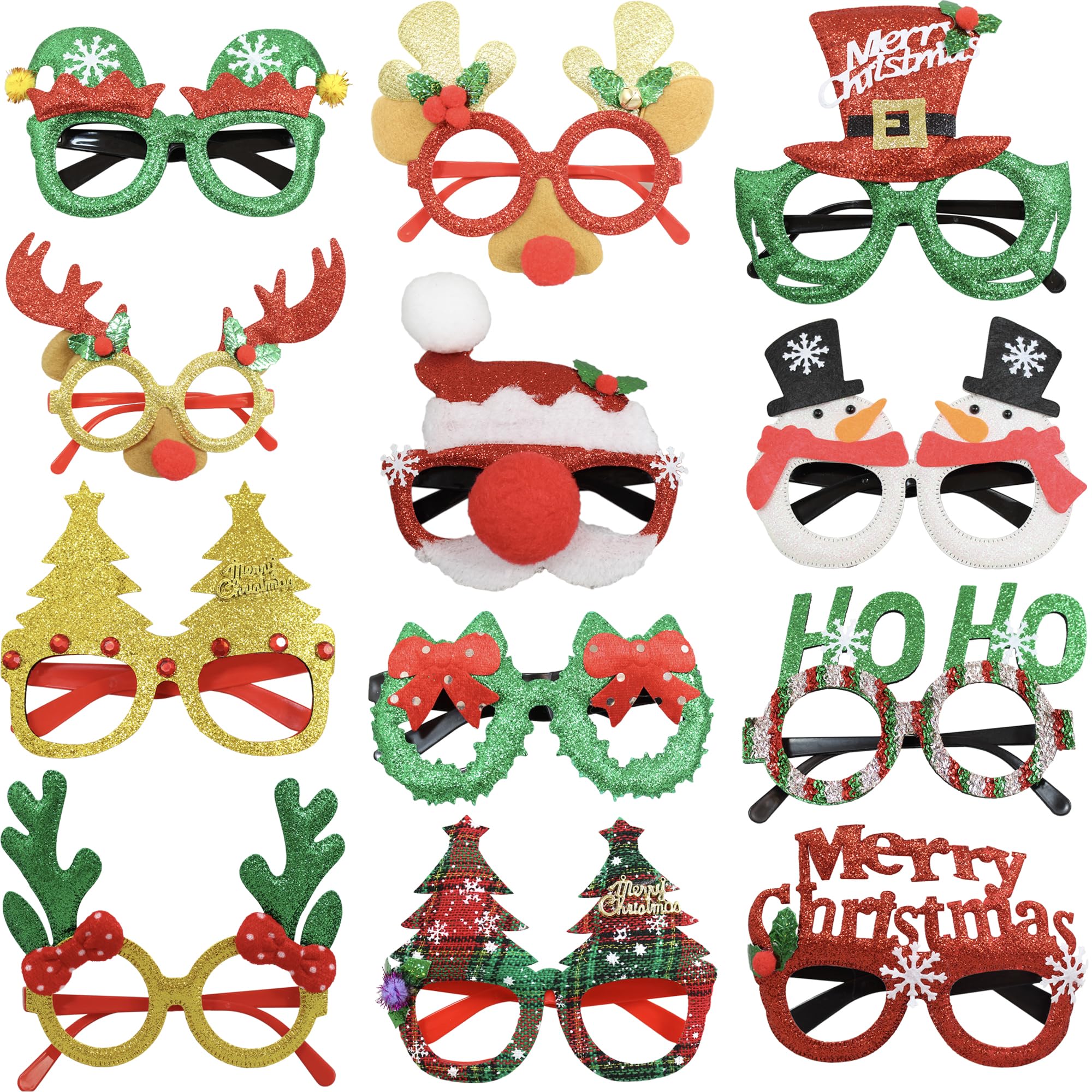 BASHOUT Christmas Glasses | 12pcs Holiday Theme Eyeglasses | Funny Xmas Prop Glasses | Party Favor Set | Photo Booth Eyeglass Frames | One Size Fits All Xmas Frames