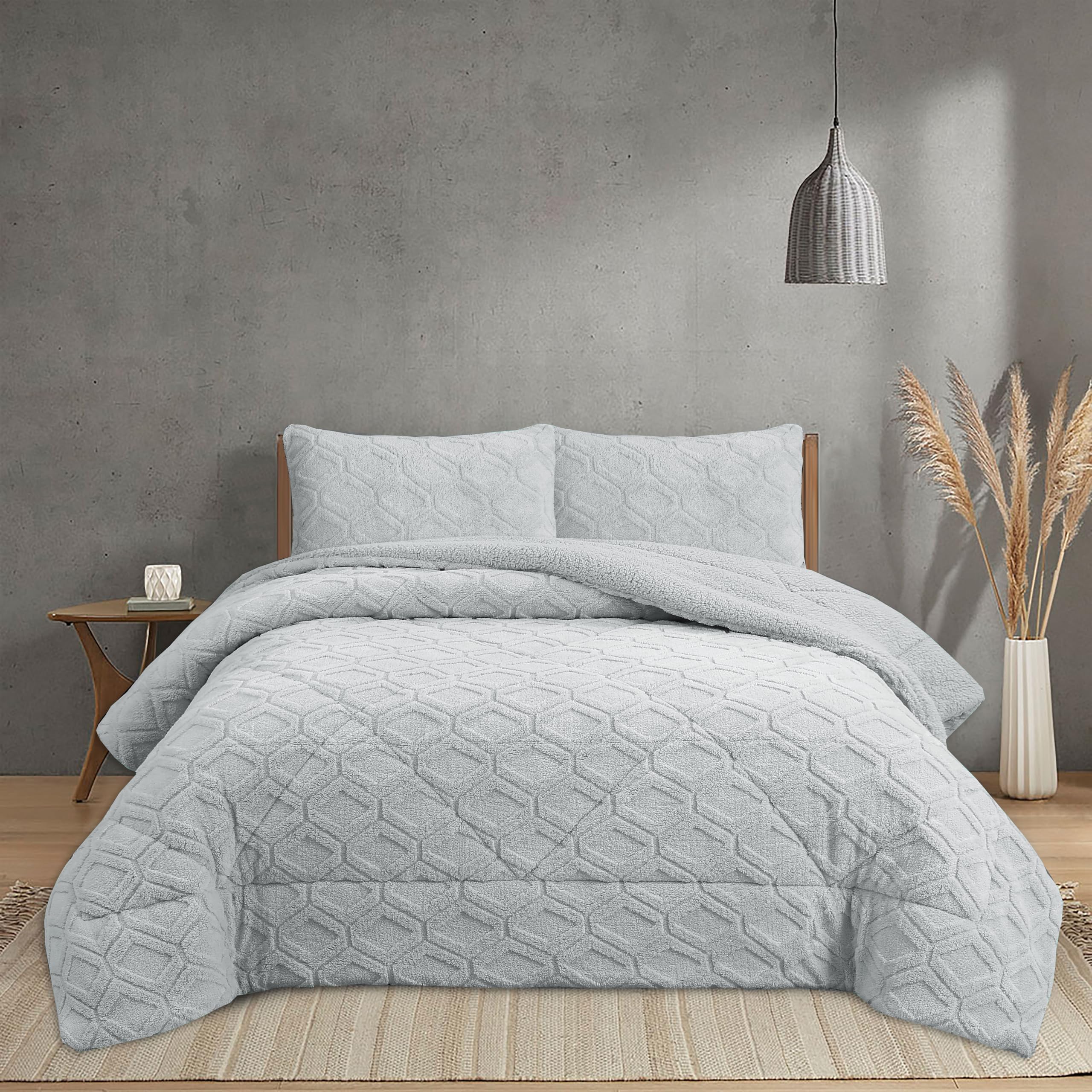 NH NOVOTEXTIL HOGAR Edredón Invierno Sherpa Cama 150 (250x260) Extra Grueso 560gr/m2 Efecto Borreguito - Edredón Suave, Cálido y Transpirable con 2 Fundas Almohada (50x70) (Luton Gris)