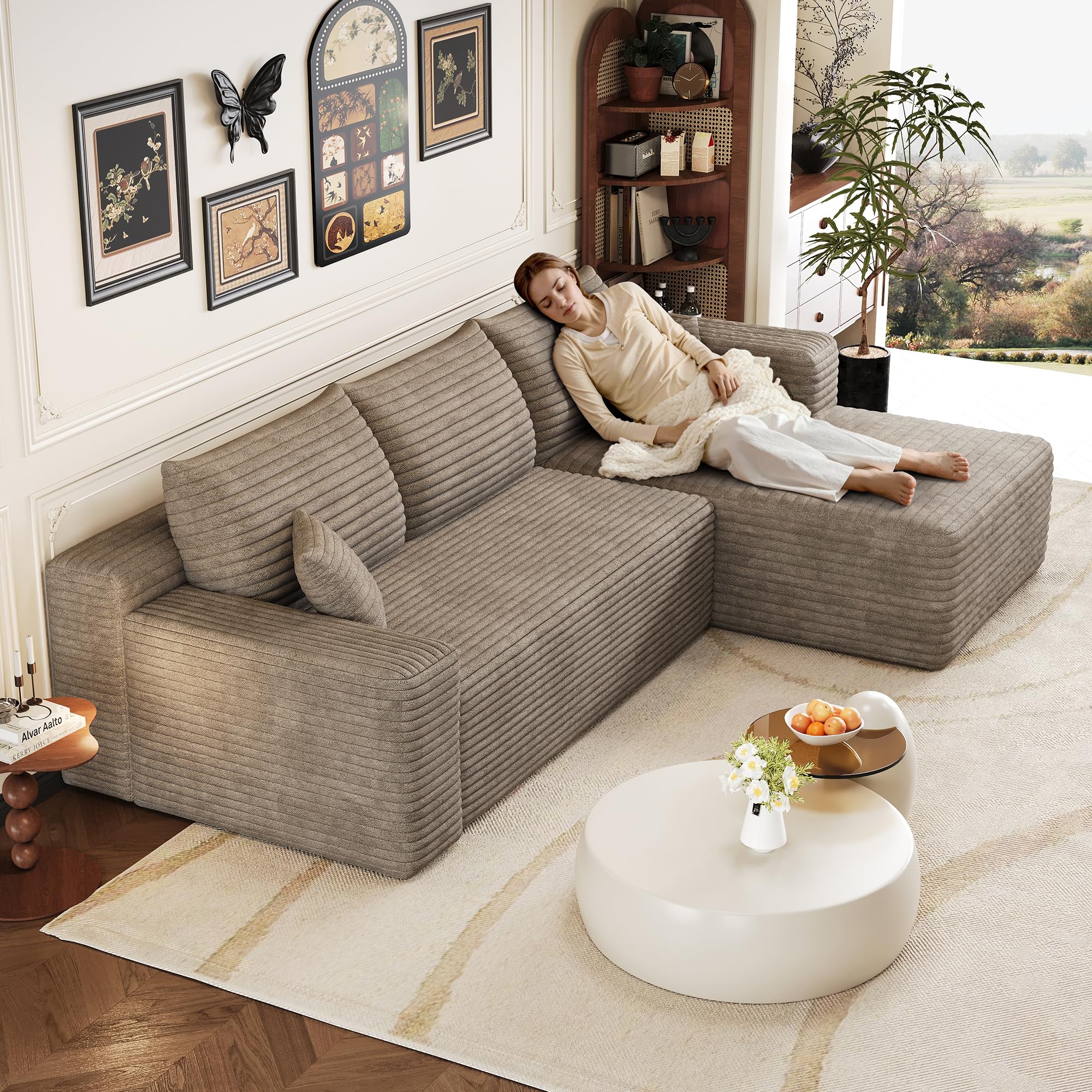 241 cm sofá convertible, sofá esquinero, sofá modular, asiento profundo, sofá de 3 plazas con meridiana, sofá comprimido en forma de L, color marrón claro