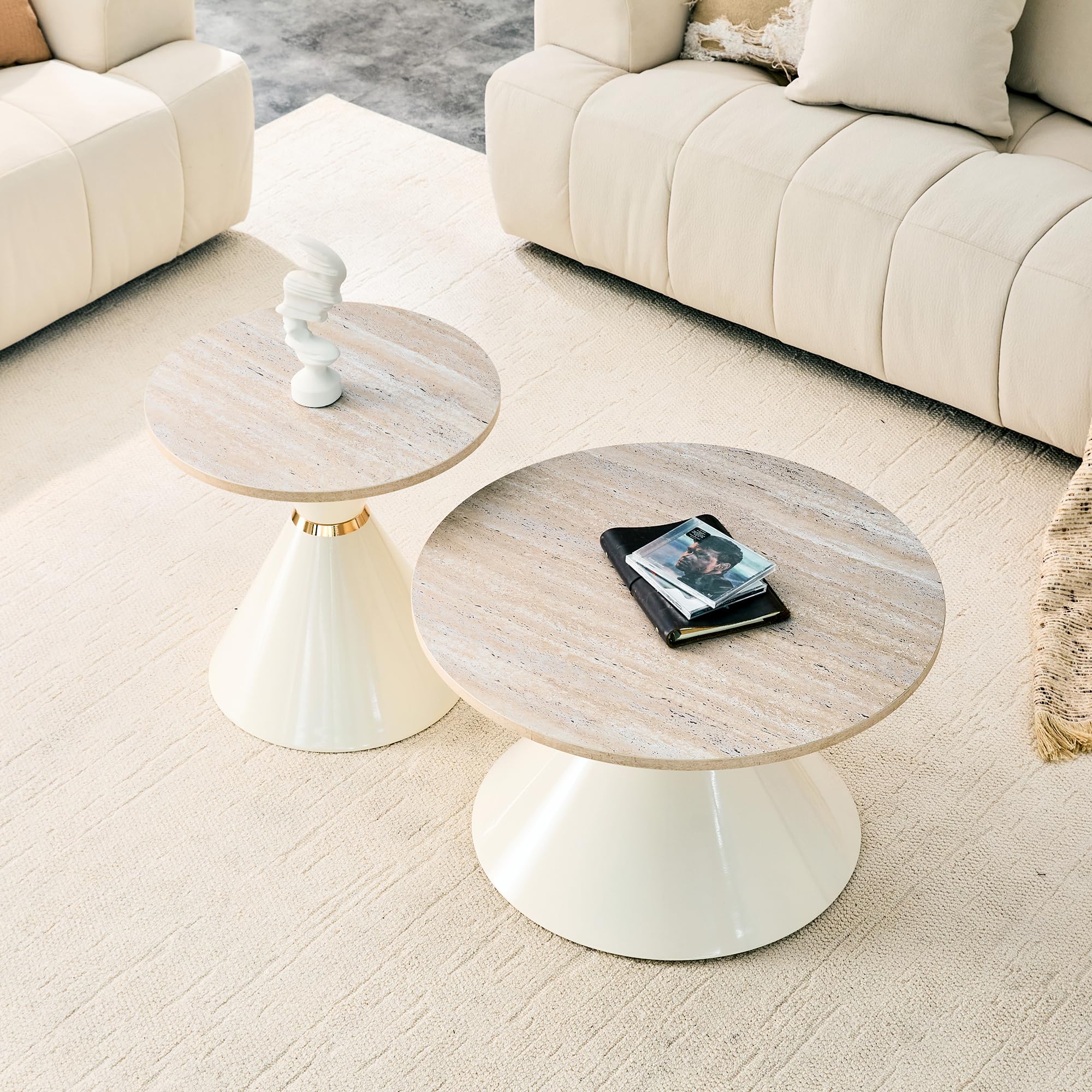 2er Set Couchtisch Rund, Nesting Couchtisch mit Melamin-Tischplatte, Wohnzimmertisch mit Goldakzenten, Sofatisch für Wohnzimmer und Schlafzimmer & Büro, Cremeweiß