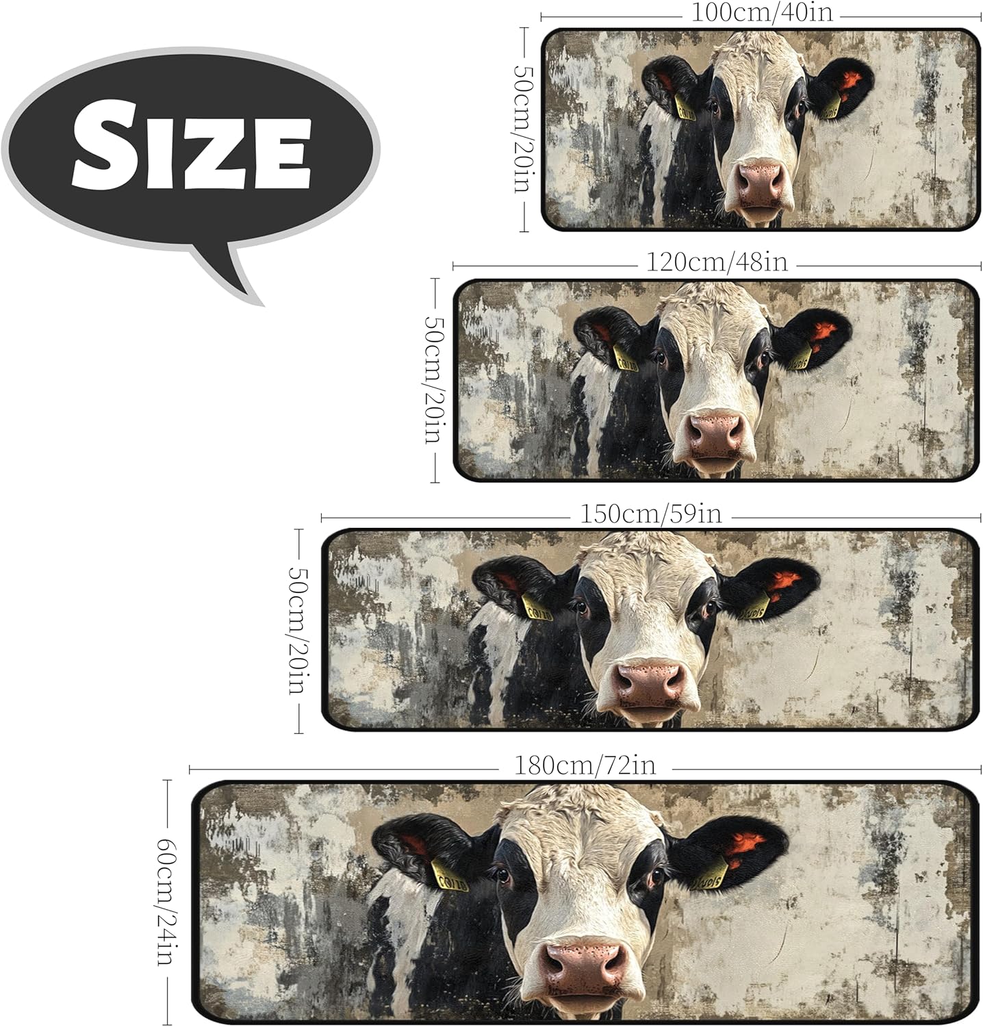Cow Kitchen Room Mat, Kitchen Area Rug 20''x59'' Laundry Room Rug Runner, Floor Matfor Bathroom, and Mudroom