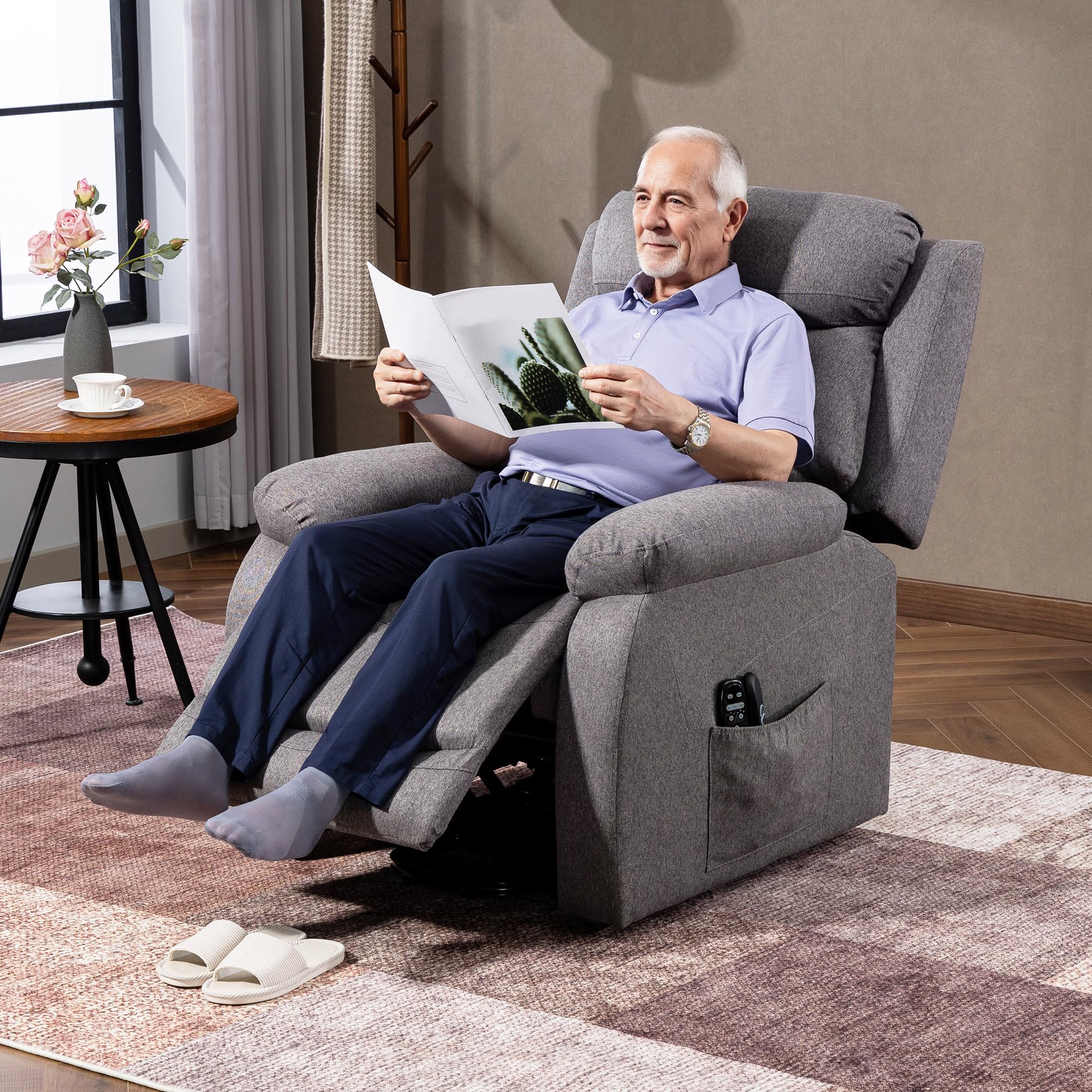 HOMCOM Fauteuil releveur électrique avec Fonction Massage et Chauffage, Fauteuil Relax électrique avec Dossier inclinable, Ports USB, télécommandes, Repose-Pied et Poche latérale, Tissu en Lin, Gris