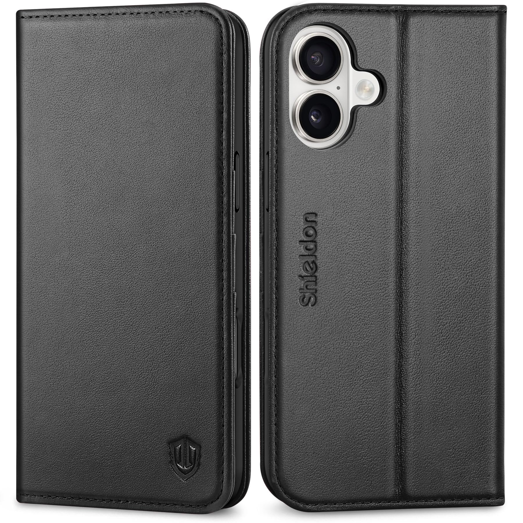 SHIELDON Wallet Case for iPhone 16 Plus 5G 6.7", Genuine Leather Flip Cover RFID Blocking Card Slots Kickstand Magnetic Closure Shock-Absorbent Case