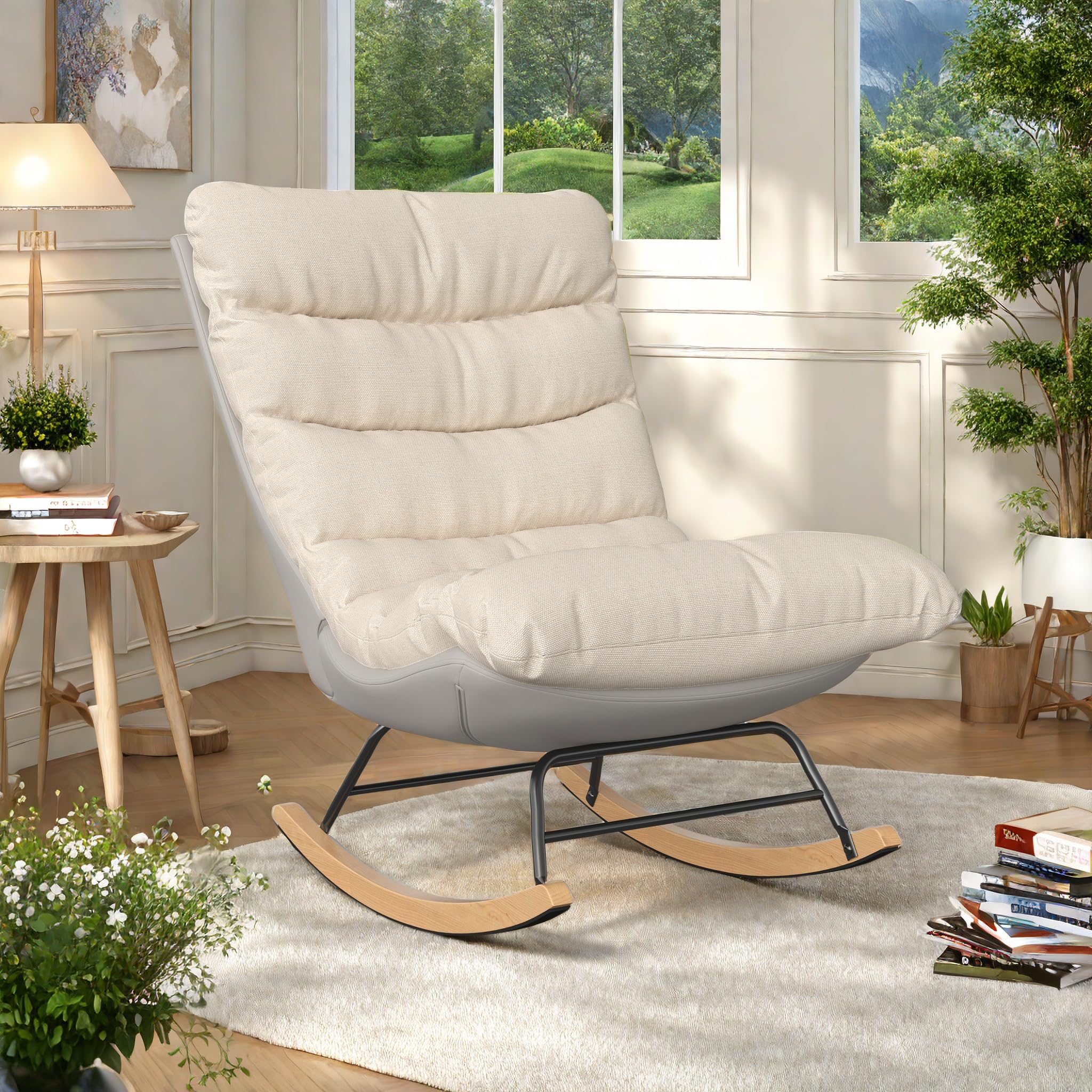 Fotel bujany, fotel do karmienia, z regulowanym oparciem, nogi z litego drewna, fotel do czytania, fotel do karmienia piersią, do sypialni, salonu (ADCR-079 72x93x83cm)
