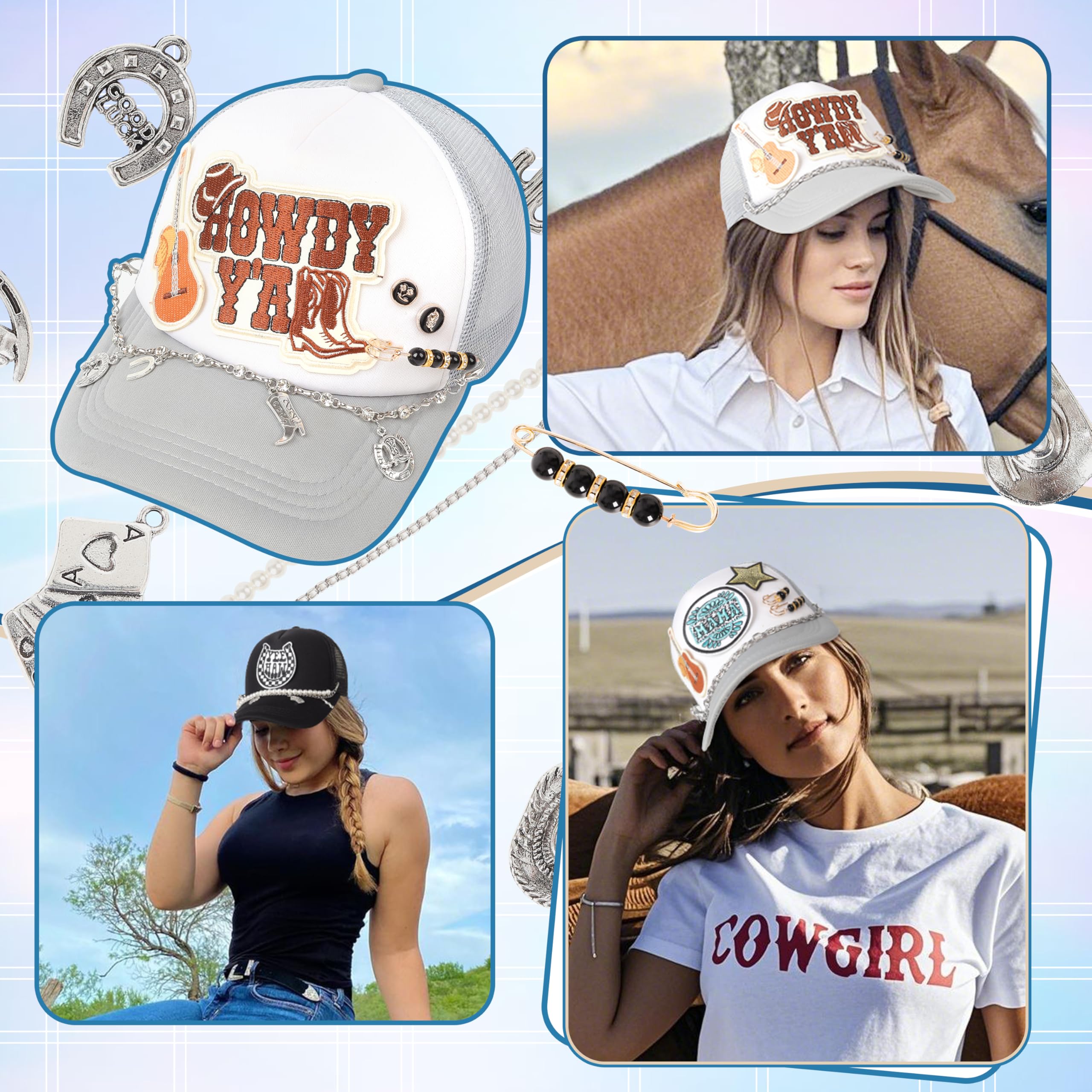 Meneng Cowgirl Hat Accessories Kit: 36PCS Western Trucket Hat Chains Bill Decoration for Women - Bling Metal Detachable Chains Bulk for Mesh Baseball Cap