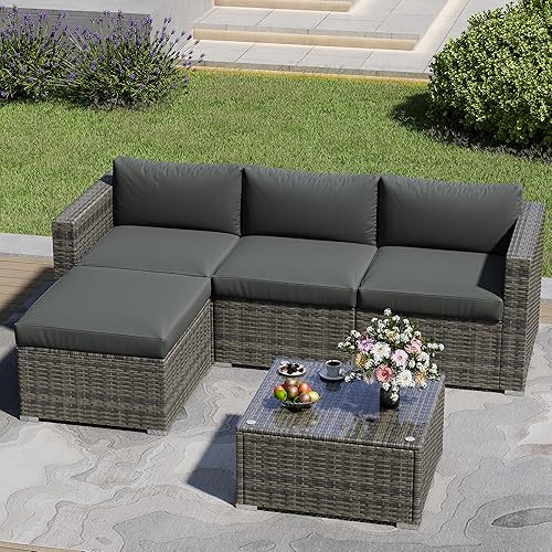 Fansafun Outdoor Patio Furniture Set, 5 Piece Patio Conversation Set, Waterproof Wicker Patio Furniture Set, All Weather Combination Patio Conversation Sets with Cushions and Glass Table, Grey