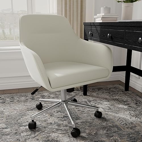 Miniatura 6 de Martha Stewart Rayna Silla giratoria de trabajo con brazos acampanados para oficina en casa en tela gris claro con marco de níquel pulido