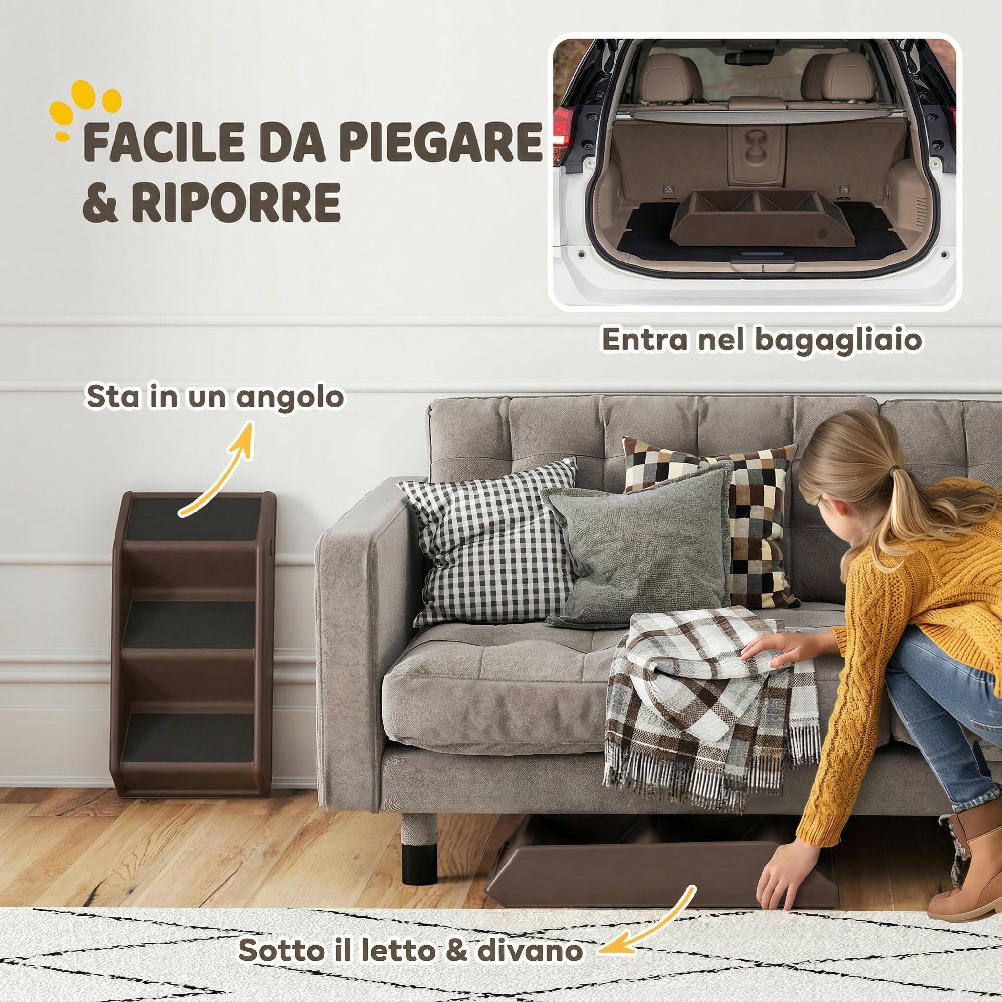 PawHut Scaletta per Cani e Gatti con 3 Scalini Antiscivolo, Scala per Cani Pieghevole con Capacità 10 kg, per Letti Alti e Divani, 53x30.5x36.5 cm, Marrone