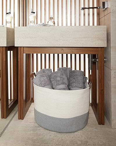 Miniatura 6 de OrganiHaus canasta de algodón extragrande con asas de cuero auténtico, 20x13.3pulgadas