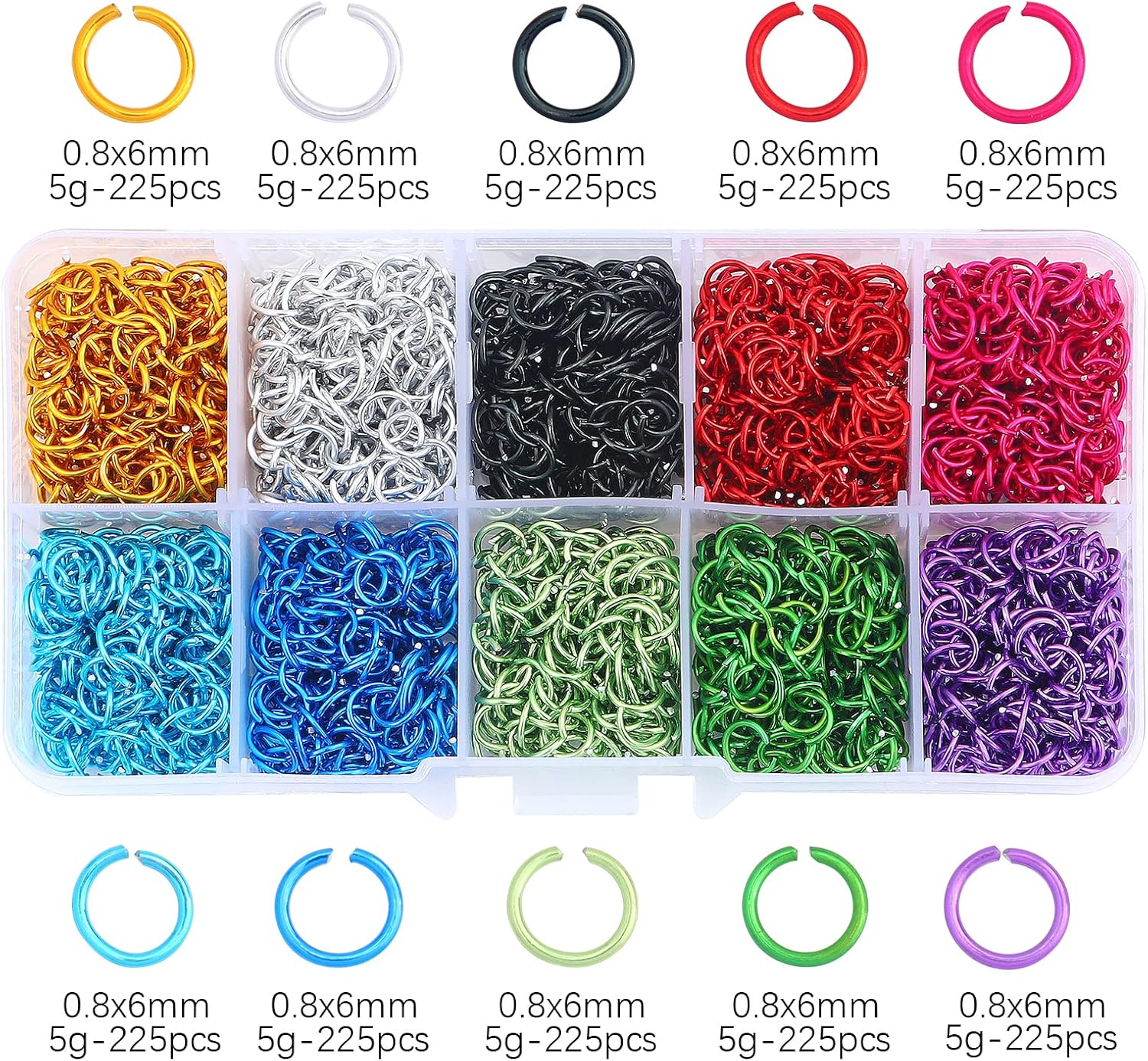 2250pcs Aluminum Jump Rings for Jewelry Making, 6mm, 24 Gauge, Soft Open, Assorted 10 Colors, Perfect for DIY Projects