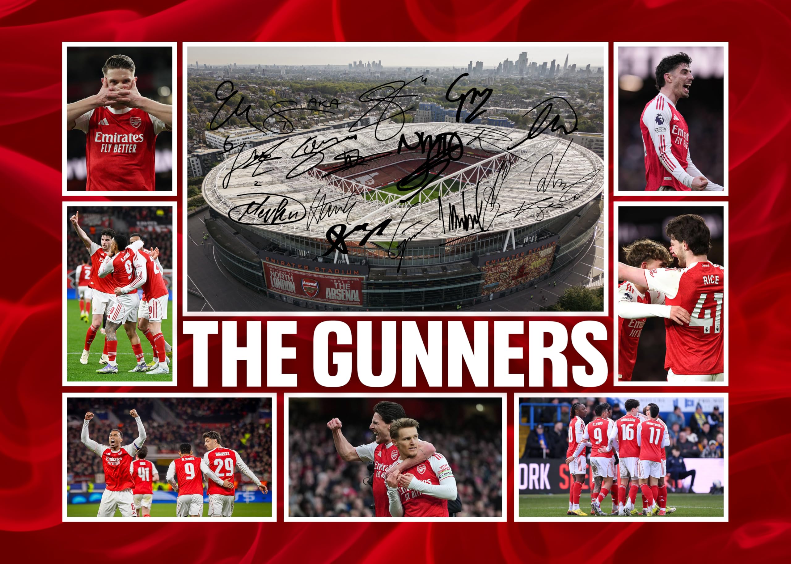 RJR PRINTS Arsenal - ' The Gunners ' Team Football Players Multi Signed A4 Montage Photo Print Which Would Make A Great Gift For Any Fan.
