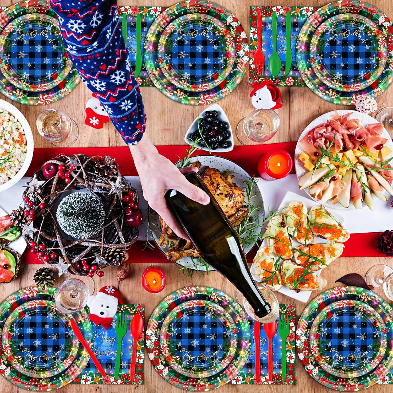 Avezano 192 Pcs Christmas Paper Plates and Napkins Merry Chirstmas Party Tableware Decorations Plaid Christmas Tree Disposable Dinnerware Set Serve 24 (Blue)