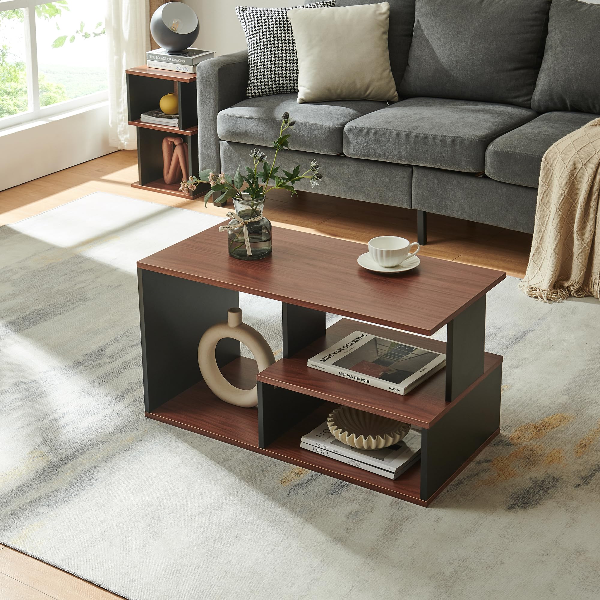 [en.casa] Couchtisch Trond 80x40x42 cm Schwarz/Walnuss Beistelltisch mit 3 Ablagefächern Wohnzimmertisch Sofatisch Kaffeetisch