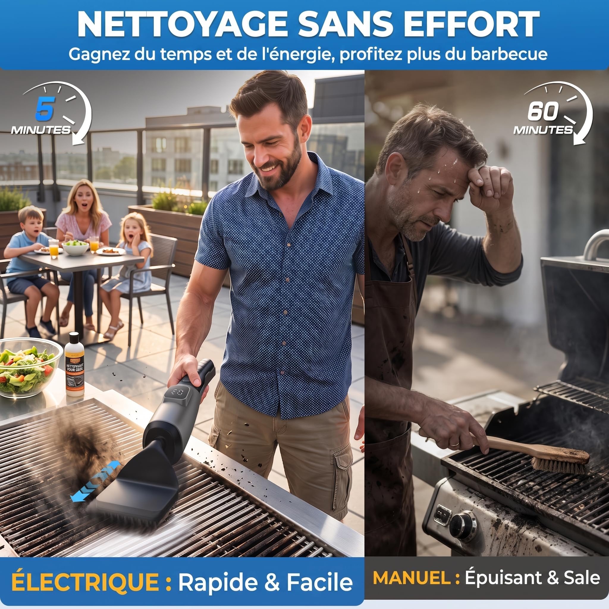 Spazzola Elettrica per Barbecue, Autonomia di 180 Minuti, 4 Testine di Ricambio,Impermeabile IPX7, Ricarica USB, Spazzola in Acciaio Inossidabile per la Pulizia Griglia Barbecue, Campeggio