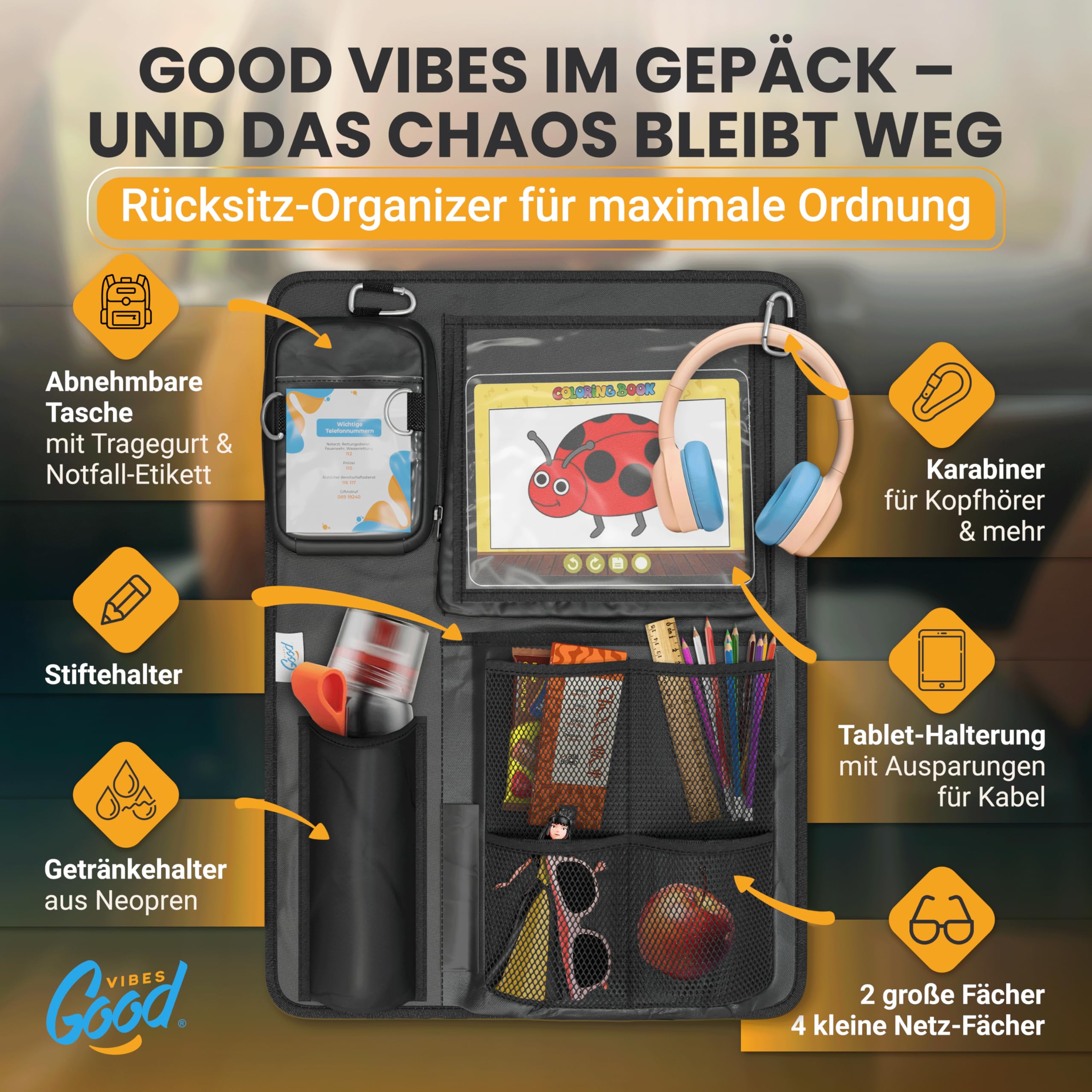 Good VIBES® 2 organizer per seggiolini auto per bambini, 45 x 60 cm, per tablet, borraccia, giocattoli e altro ancora, organizer regolabile per sedili posteriori per bambini con cintura extra lunga