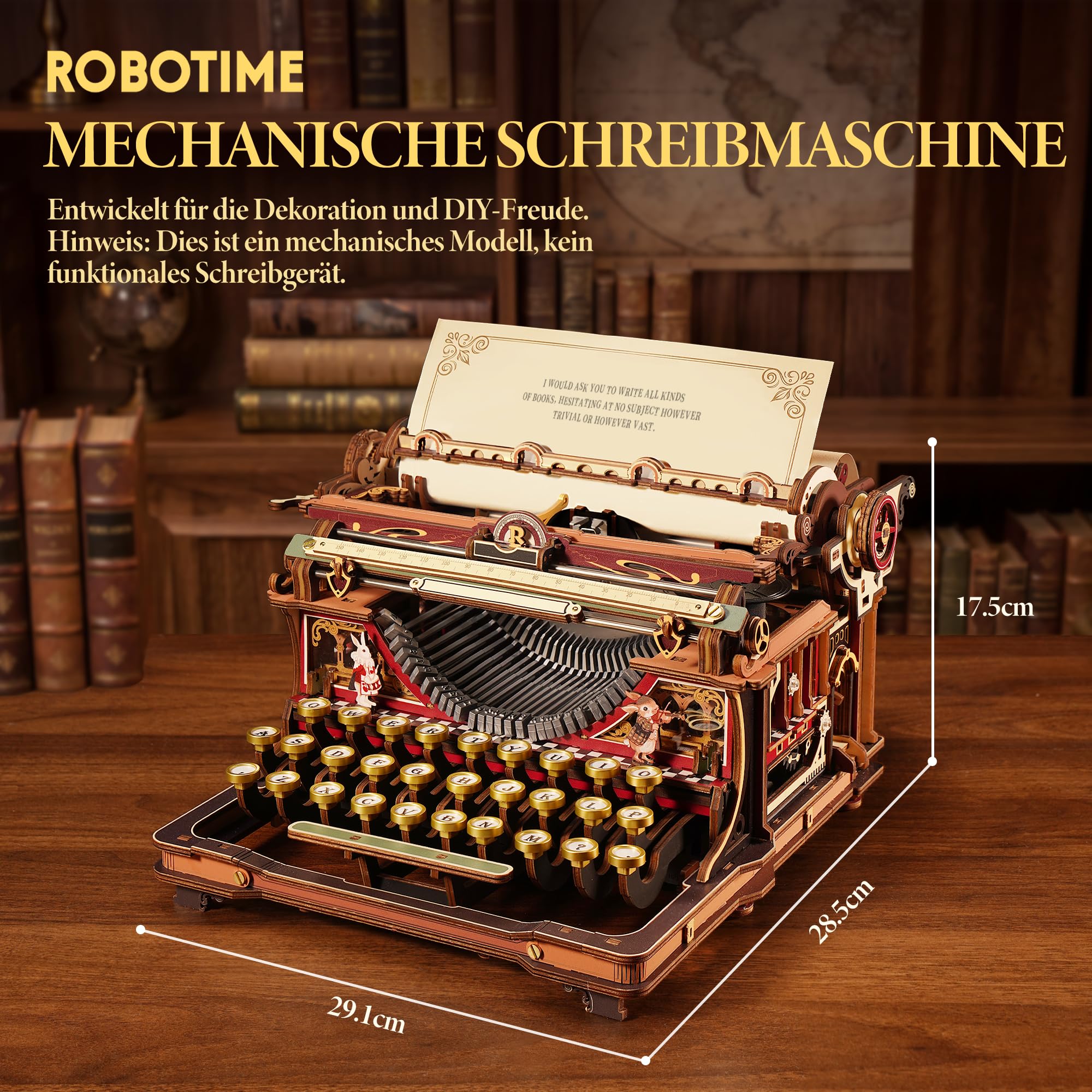 ROBOTIME 3D Holzpuzzle Mechanische Schreibmaschine - Fairytale Vintage Modellbausatz für Erwachsene, Interaktives DIY Bastelset & Ästhetisches Deko Geschenk, LK703C (Orange)