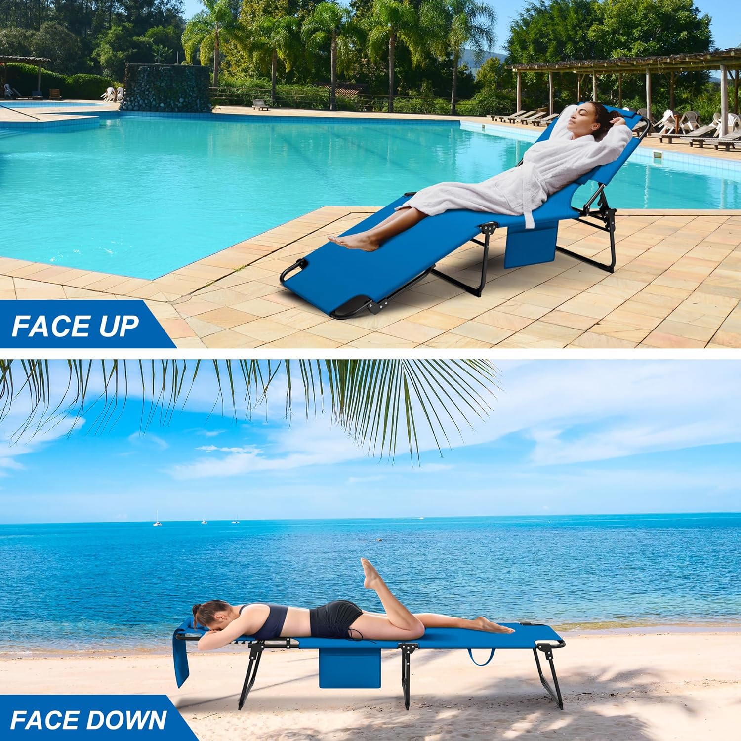 400lbs Tanning Chair, 5-Fold Beach Lounge Chair with Face Hole & 2 Side Pockets, Non-Slip Foot & Portable Handle, Beach Chaise Lounge for Patio/Pool/Lawn(1, Blue)