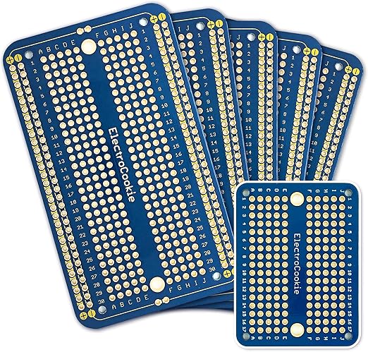 ElectroCookie Solderable Breadboard PCB Board for Electronics Projects Compatible for DIY Arduino Soldering Projects, Gold-Plated (5 Pack + 1 Mini Board, Blue)