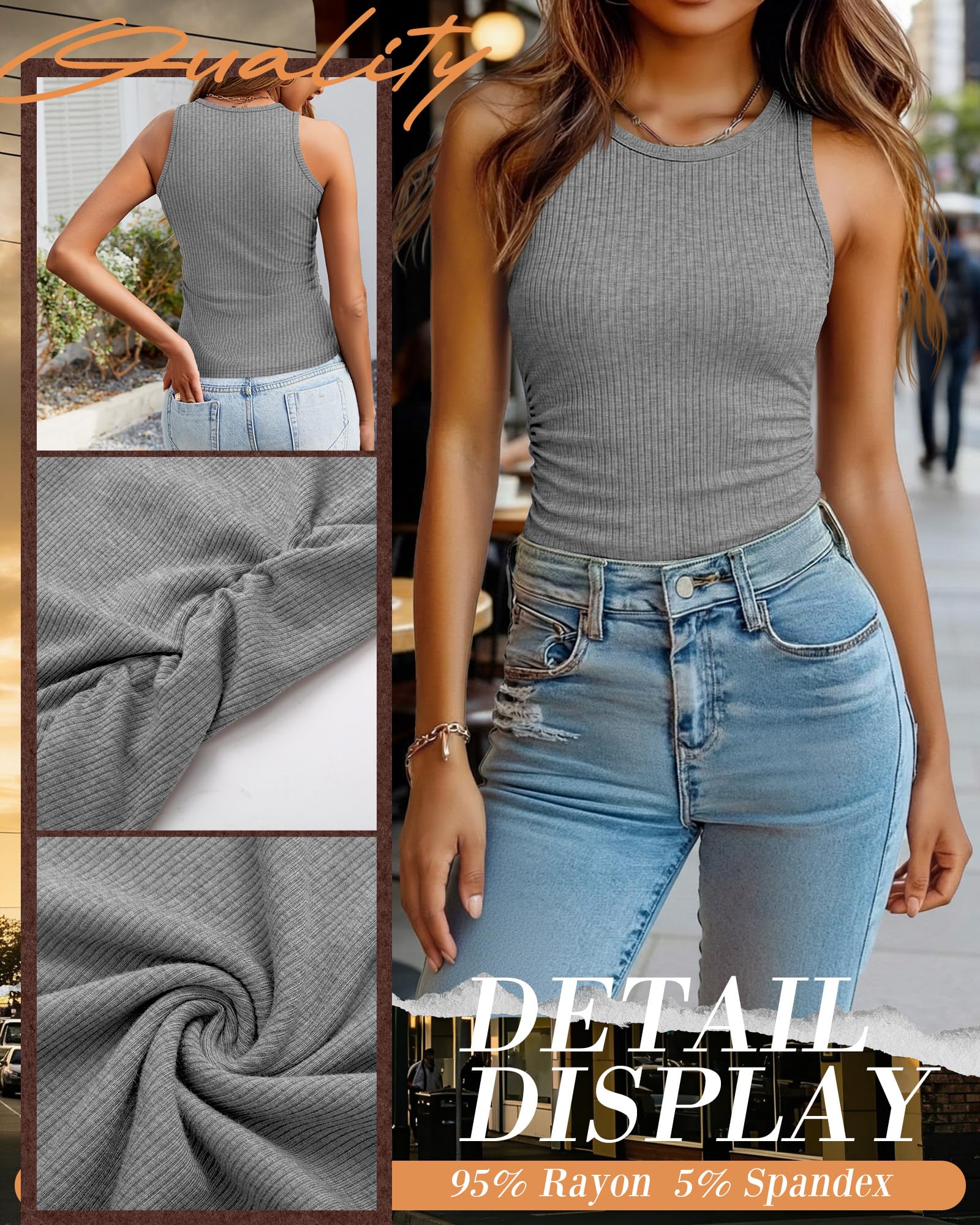 Paquete de 3 Tops sin Mangas para Mujer Tejido Acanalado Ajustado Cuello Redondo Espalda Deportiva