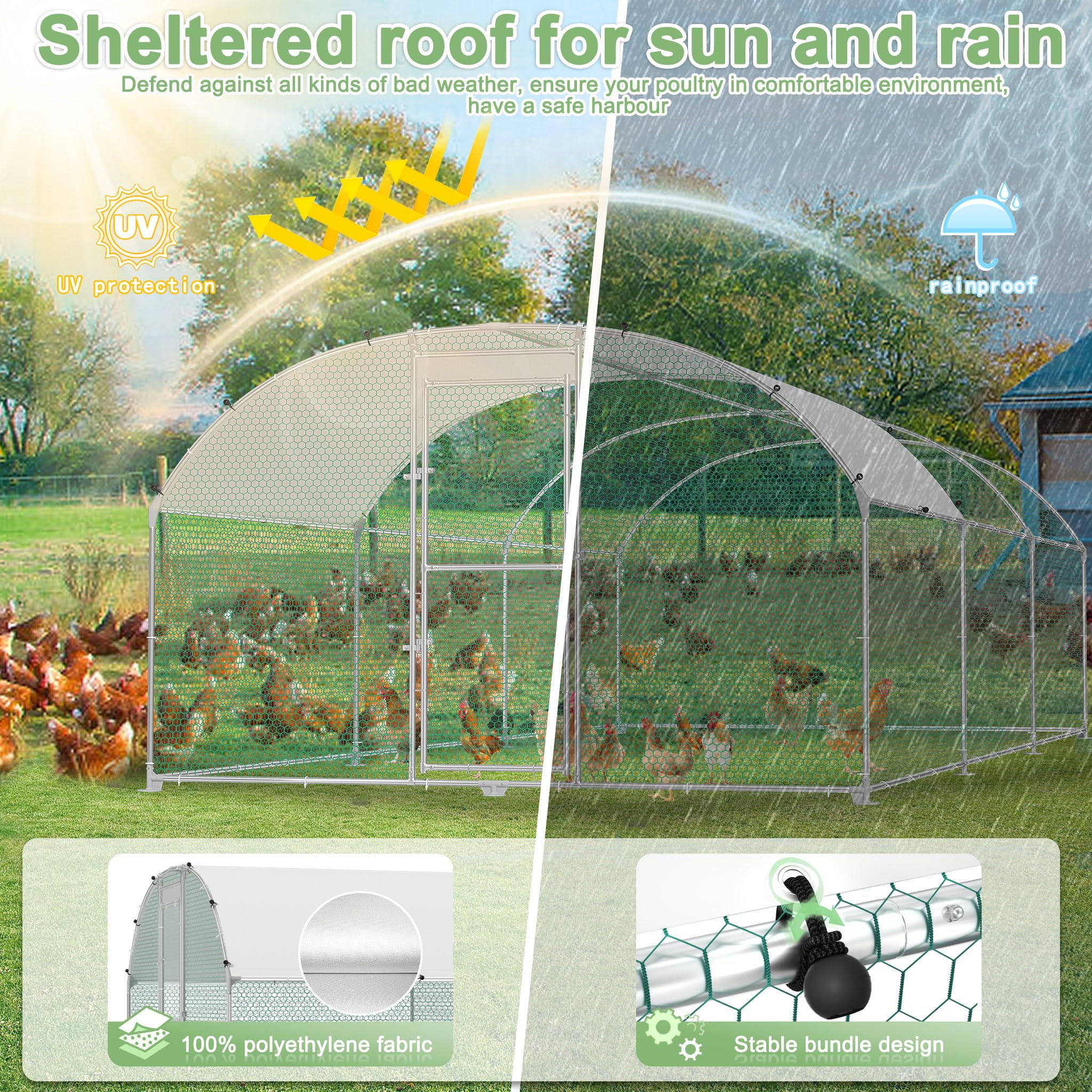 ORHEYA Gabbia per animali domestici, pollaio, in metallo zincato, 3 x 8 m, resistente all'inverno, per pollo, gallina, con tetto parasole e castello, per piccoli animali, pollame, piante