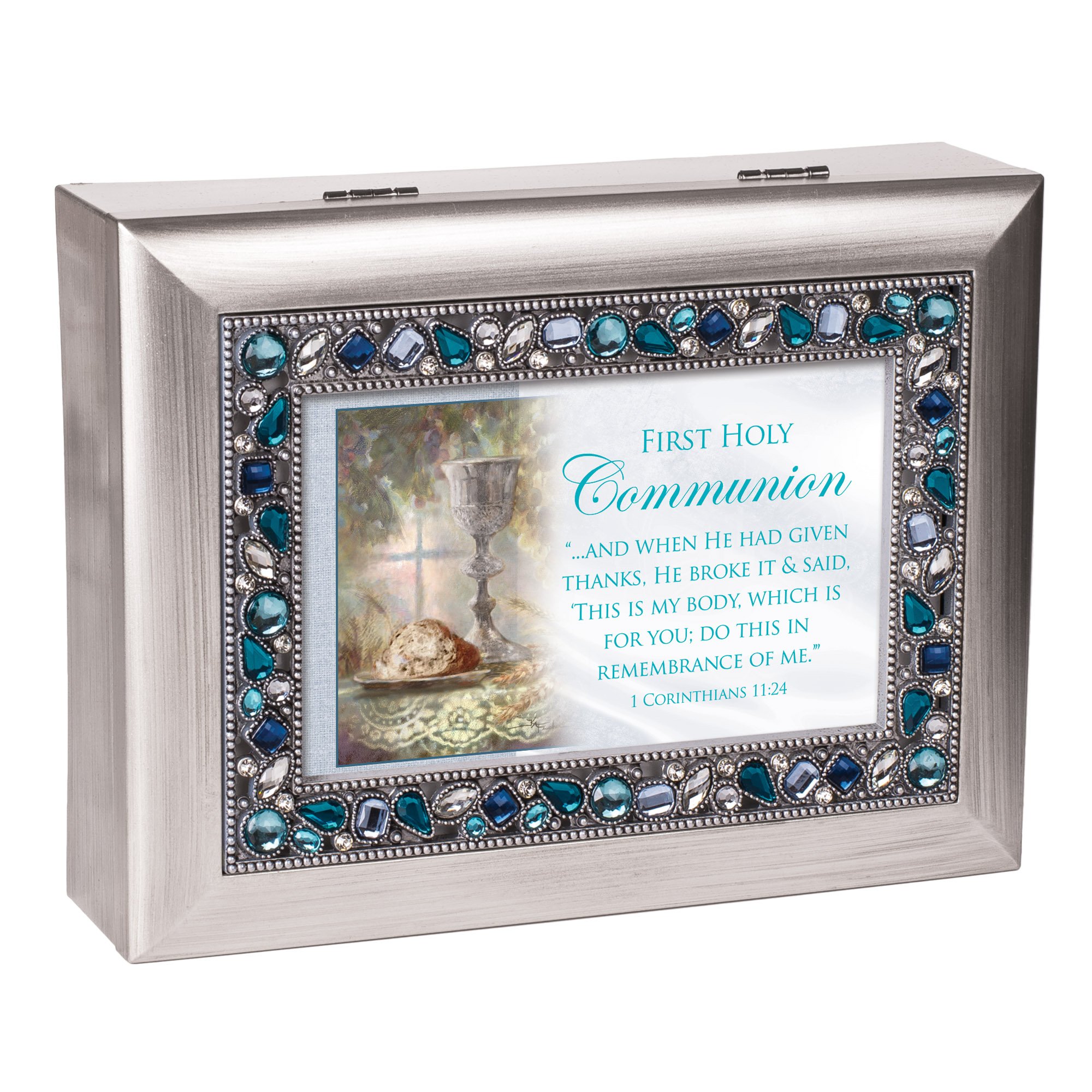 Erstkommunion gebürstetes Silber Finish Edelsteinbesetztes Deckel Jewelry Musik Box spielt Tune Ave Maria