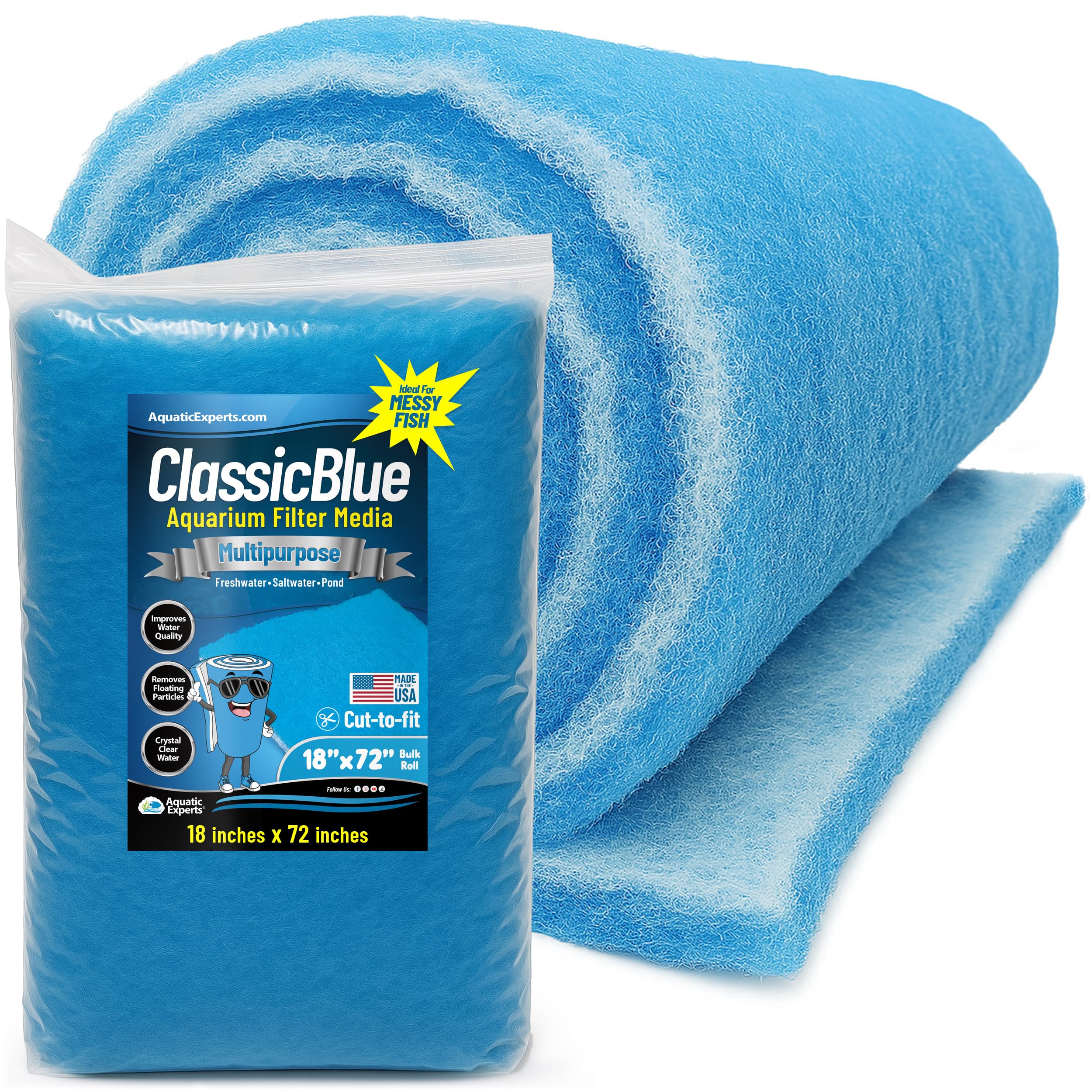 Aquatic ExpertsClassic Bonded Aquarium Filter Pad -18 Inches by 72 Inches by .75 Inch - Blue and White Aquarium Filter Media Roll Bulk Can Be Cut to Fit Most Filters, Made in USA (18" x 72")