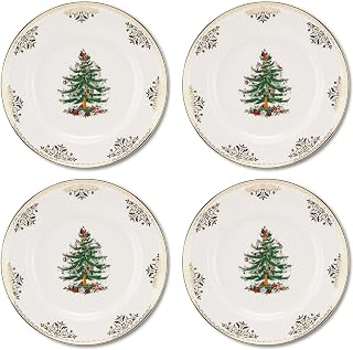Spode Christmas Tree Gold Dinner Plate (Set of 4) – 10 Inch Porcelain Dinner & Appetizer Dish, Holiday-Themed Serving Plate, Microwave & Dishwasher Safe, Festive Collectible Seasonal Dining
