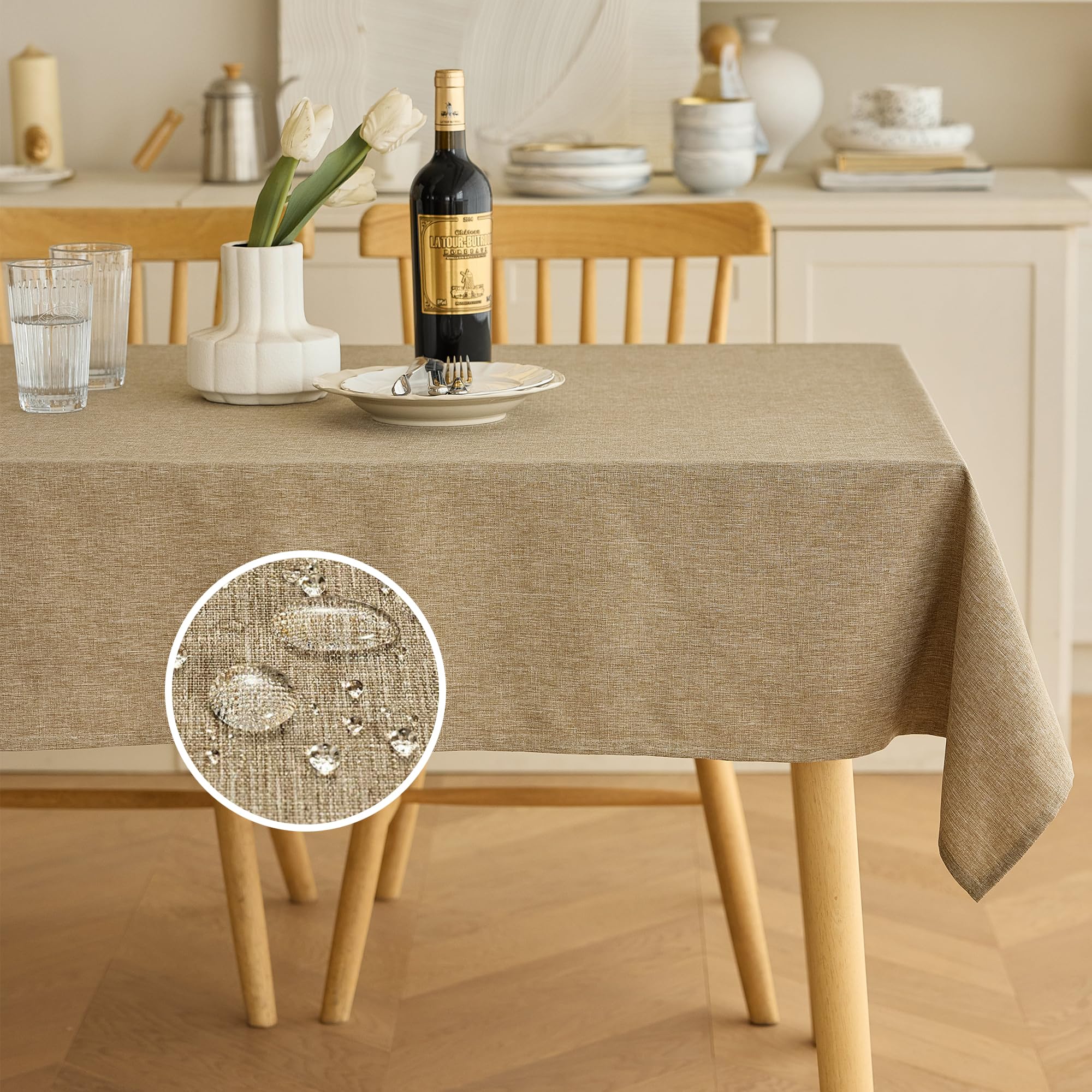Decorelia Faux Linen Waterproof Tablecloth,Natural,104" x 60" (Rectangular) — image 1