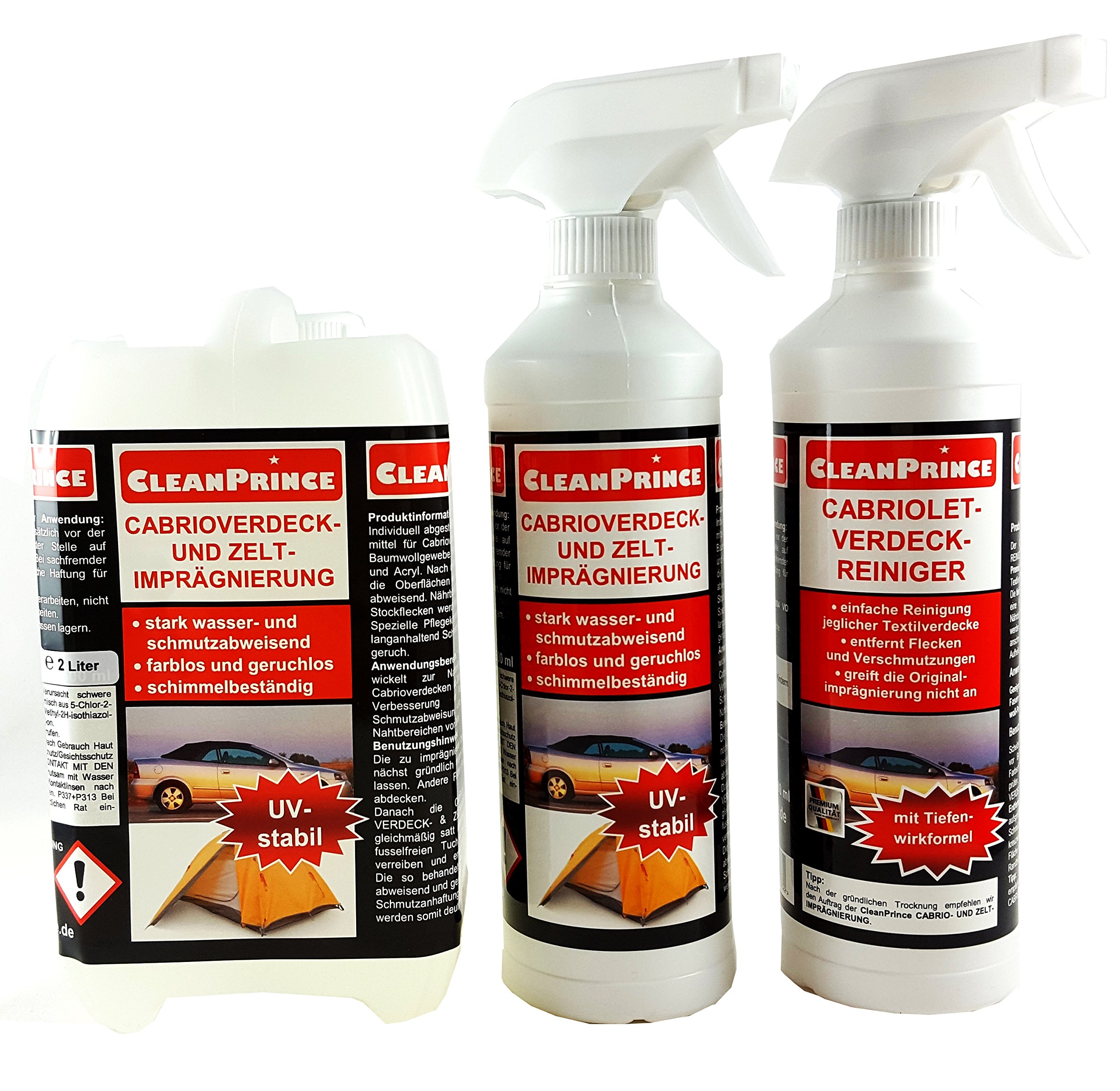 CleanPrince Cabriolet Limpieza y Imprimación Set CP600240 contiene 2,5 l Cabrioverdeck- tienda de impermeabilización así cómo 0,5 campana Limpiador para Capotas blandas campaña Exterior