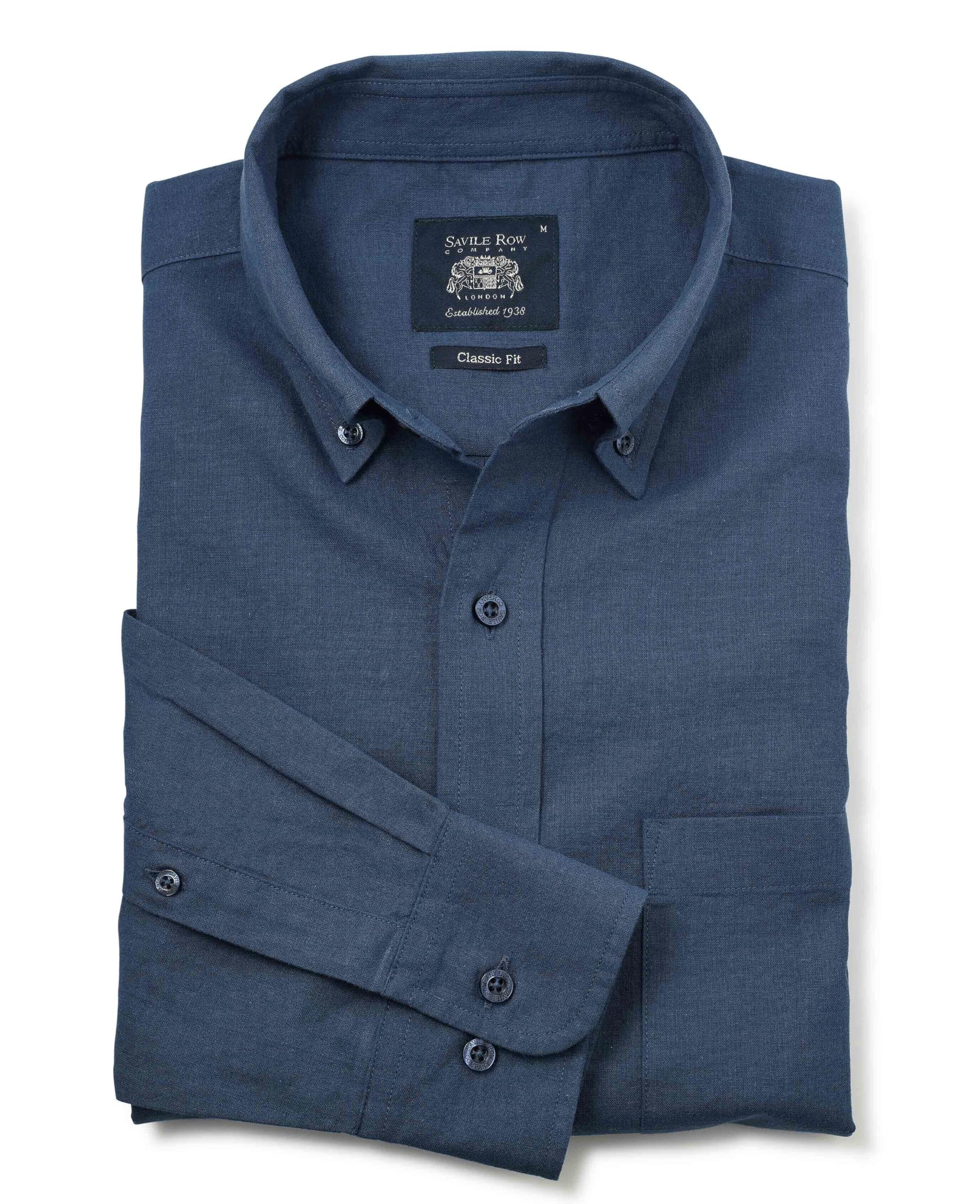 The Savile Row Company London Men's Denim Blue Classic Fit Linen-Cotton Blend Summer Casual Shirt - Large