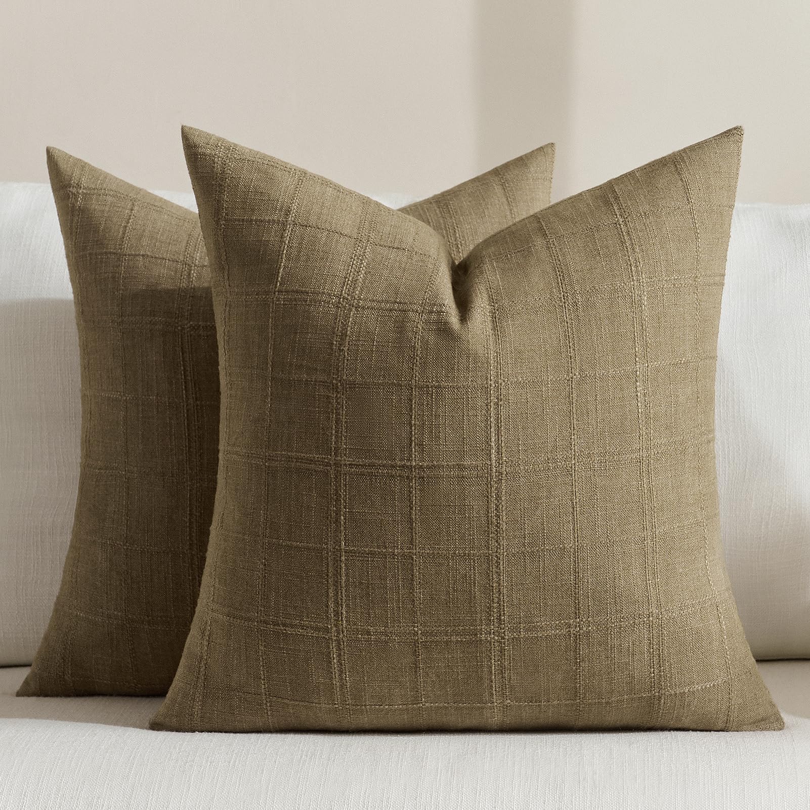 FIBORIA Cushion Covers 18x18 Faux Linen Brown Decorative Throw Pillow Covers 45 cm x 45 cm Tartan Cushion Case Home Decor Pillowcases for Outdoor Couch Sofa Living Room Bed Spring (Set of 2)