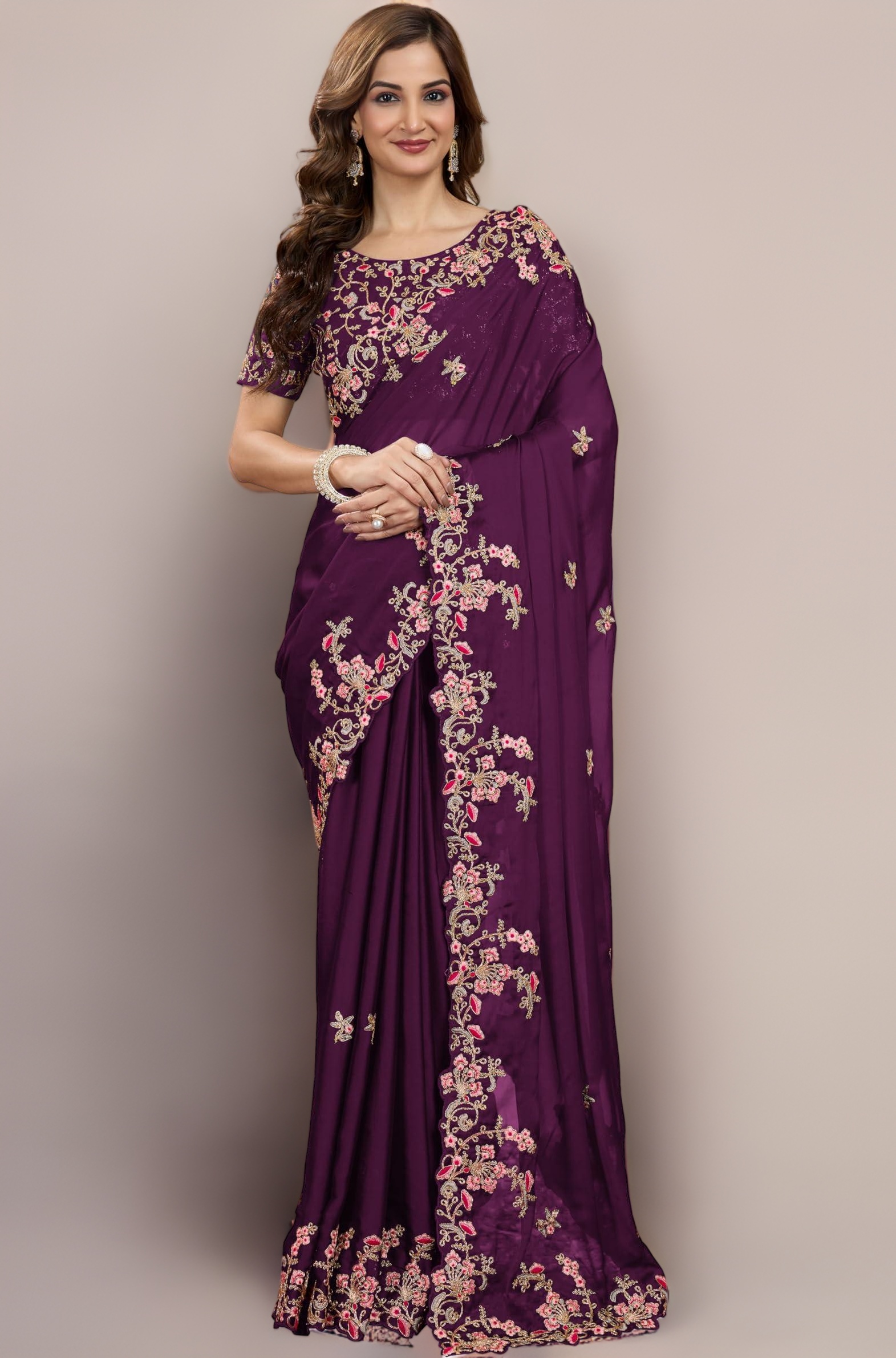 TRENDMALLS Women's Rangoli Silk Embroidery Saree with Unstitch Blouse Piece Saree for Women