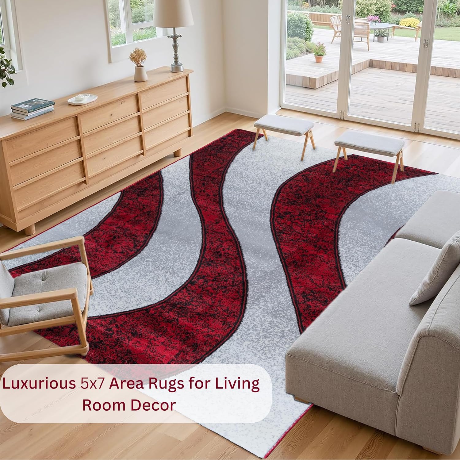 5x7 Area Rugs for Living Room Carpet - Modern Abstract for Dining Room, Office - Non-Shedding Medium Pile for High Traffic Area - Steam Cleaner Washable Rug - Jute Backing - Dark Red Wave - Image 3