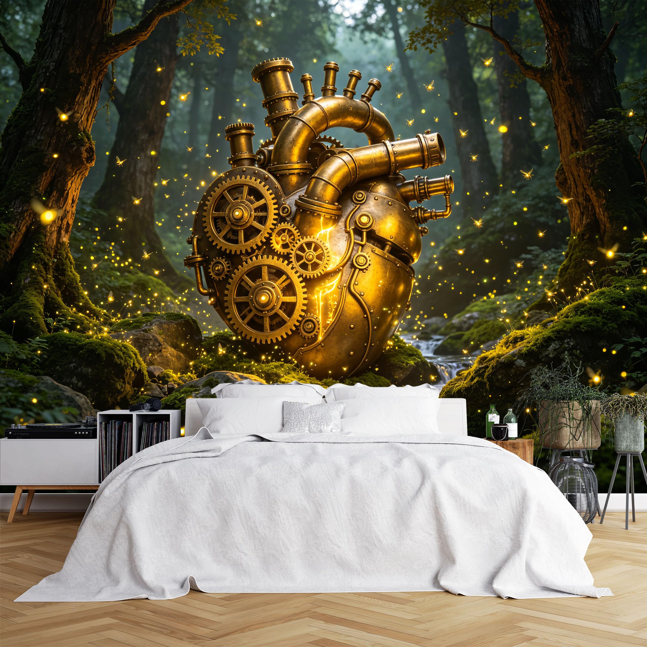 Lcythiazole Ch260615210 Custom Size Wall Murals Steampunk Gear Heart Firefly Stream Forest Realistic Self-Adhesive Wall Fabric (No Pvc) Removable Wallpaper For Studio Decor
