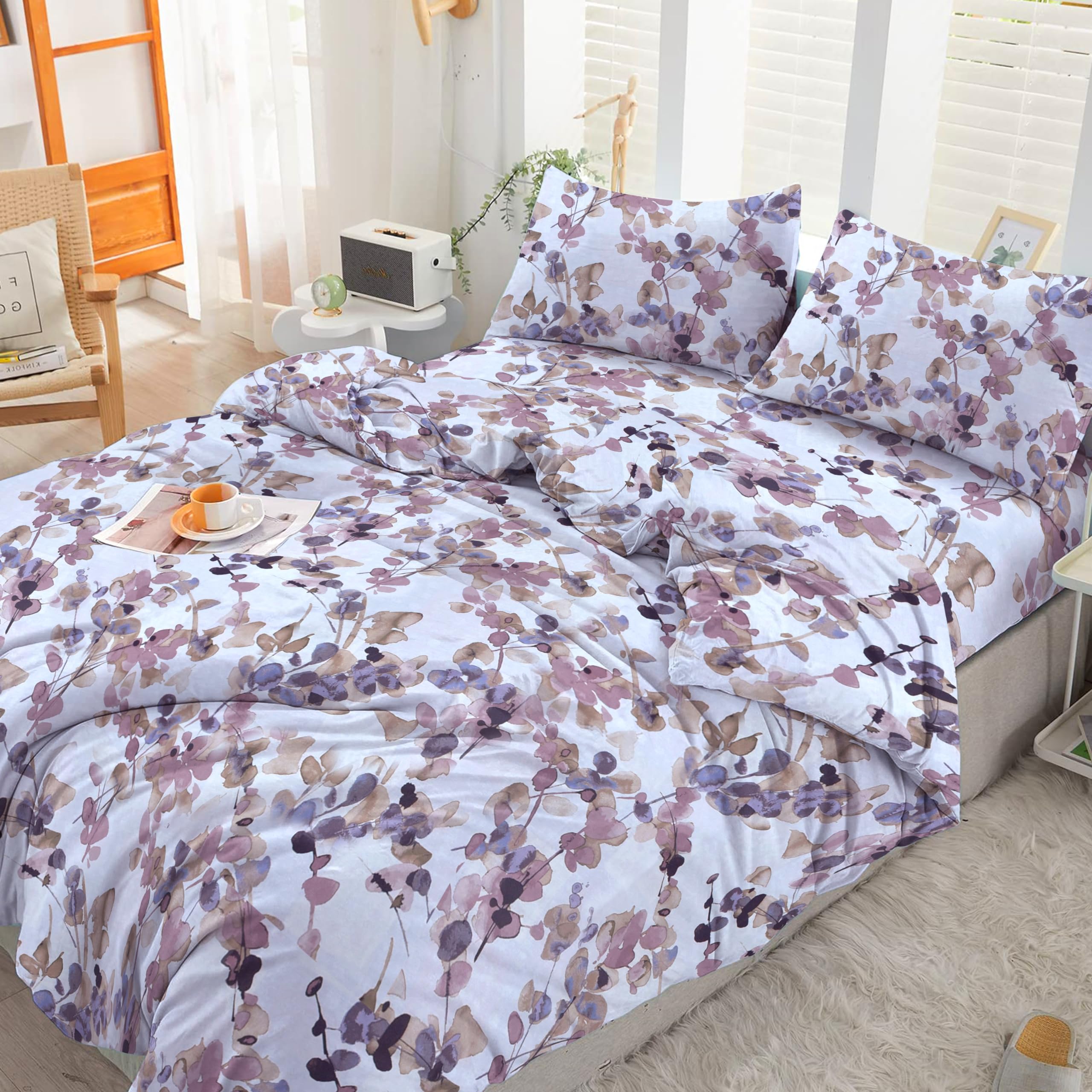 Cotton Comfort Bedding& Linen 2PCS Single Duvet Cover Set 100% Egyptian Cotton Bedding Single Bed Set 400 Thread Count Floral Printed Mauve Leaf Duvet Cover Single with Pillow Case