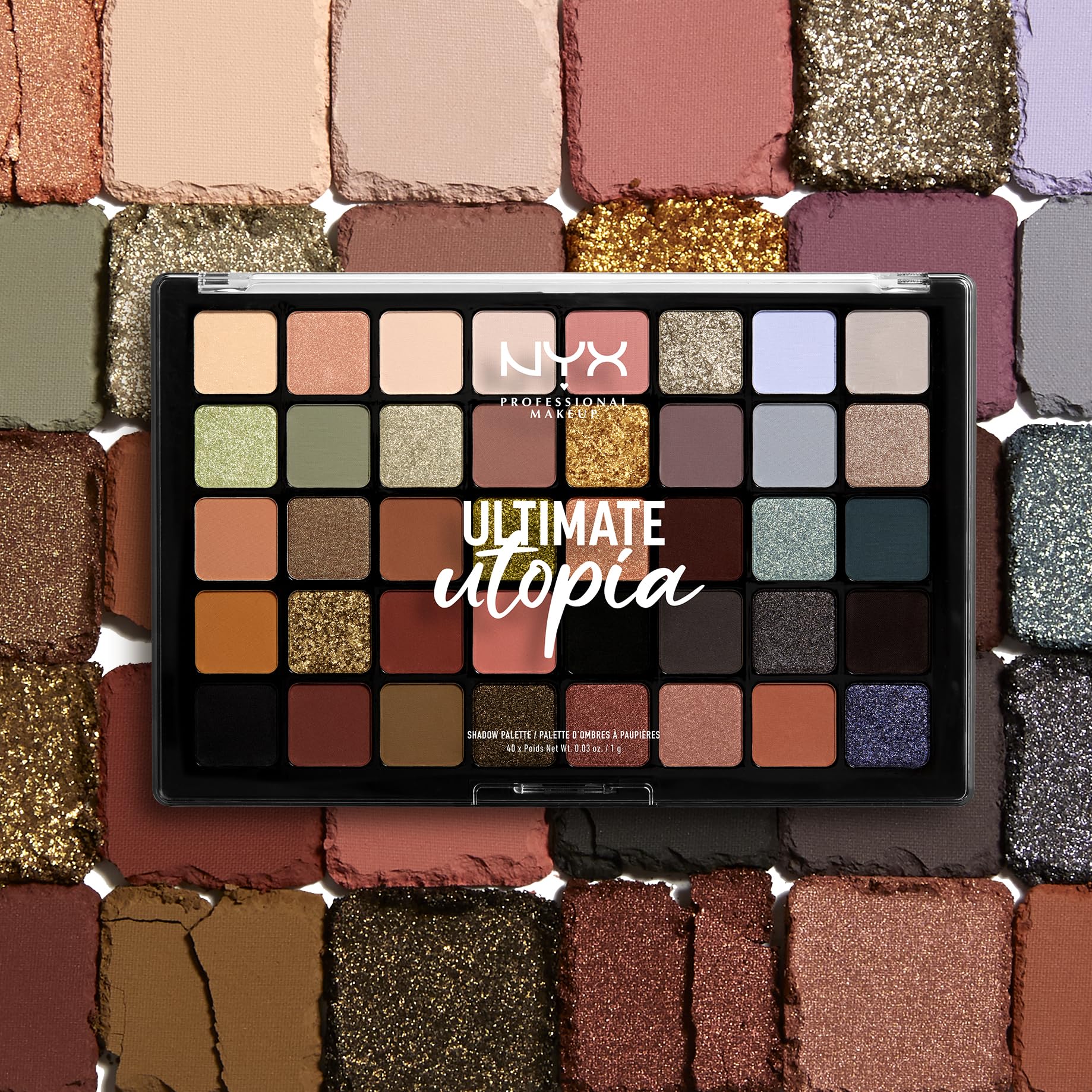 NYX Professional Makeup Lidschattenpalette, Ultimate Shadow Palette, Gepresster Puder Lidschatten, 40 Farbtöne, Matt, Satiniert, Metallic, Farbton: Ultimate Utopia