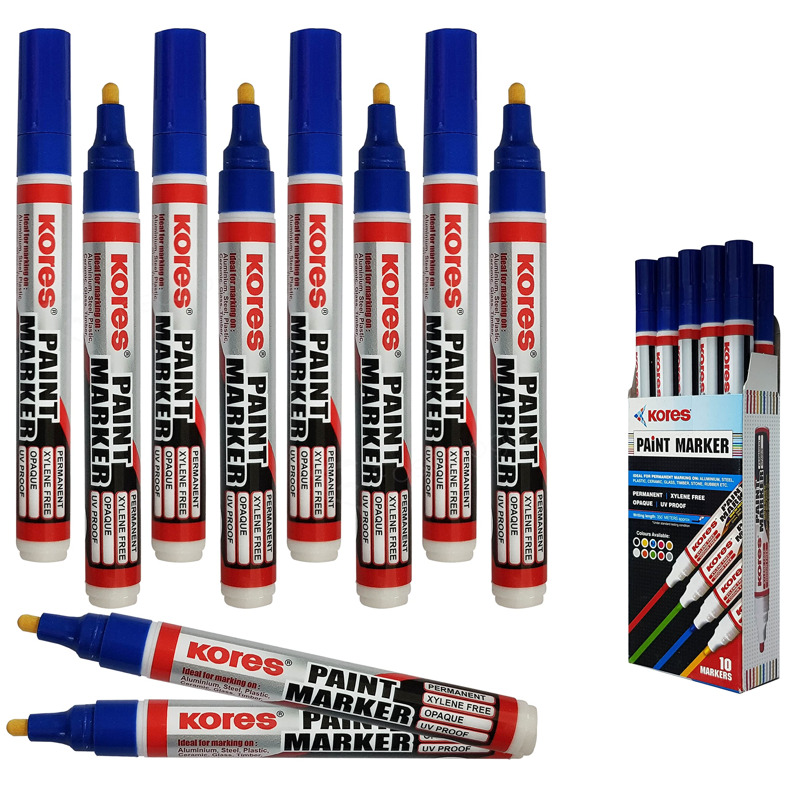 Kores Paint Permanent Marker, BLUE, Pack of 10, UV Proof, Opaque Ink, Aluminium Steel Plastic Ceramic Glass Stone Rubber Use, PATEL Black Ball Pen
