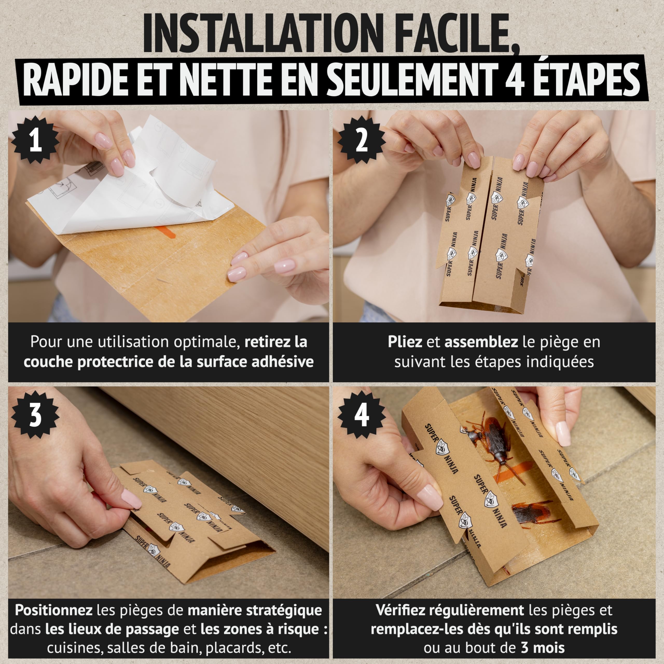 Pièges Cafards Super Ninja 12 Pièges Collants Anti Cafard Non Toxique