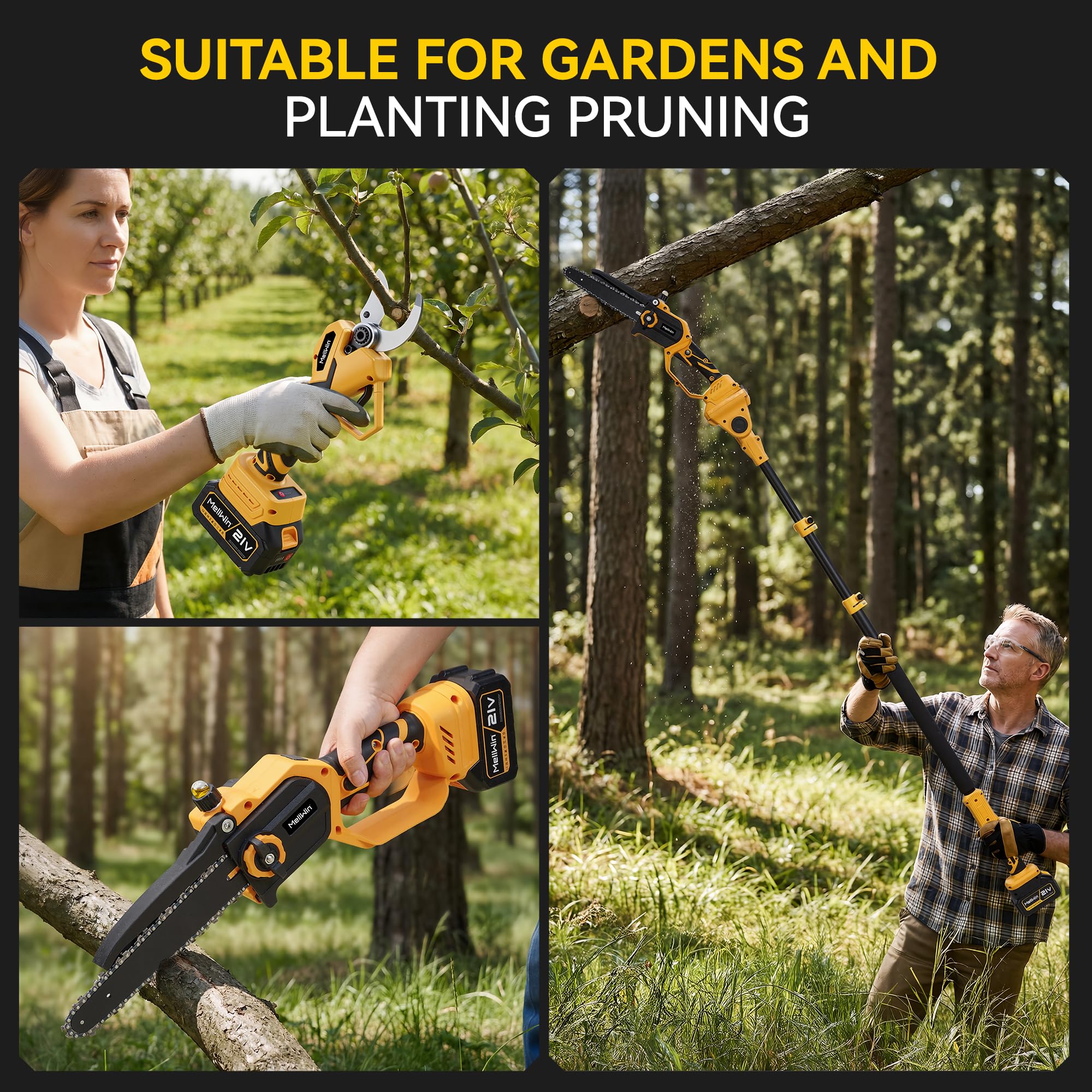 4 in 1 Kettensäge mit Teleskopstange,Elektrische Astschere,8 Zoll Akku gartengeräte und 40mm Gartenschere 180-Grad,30 ml Öltank,bürstenlos Motor Gartenwerkzeug 2,3M (2 * 4000mAh Batterien) | 2 * 4000mAh Batterien