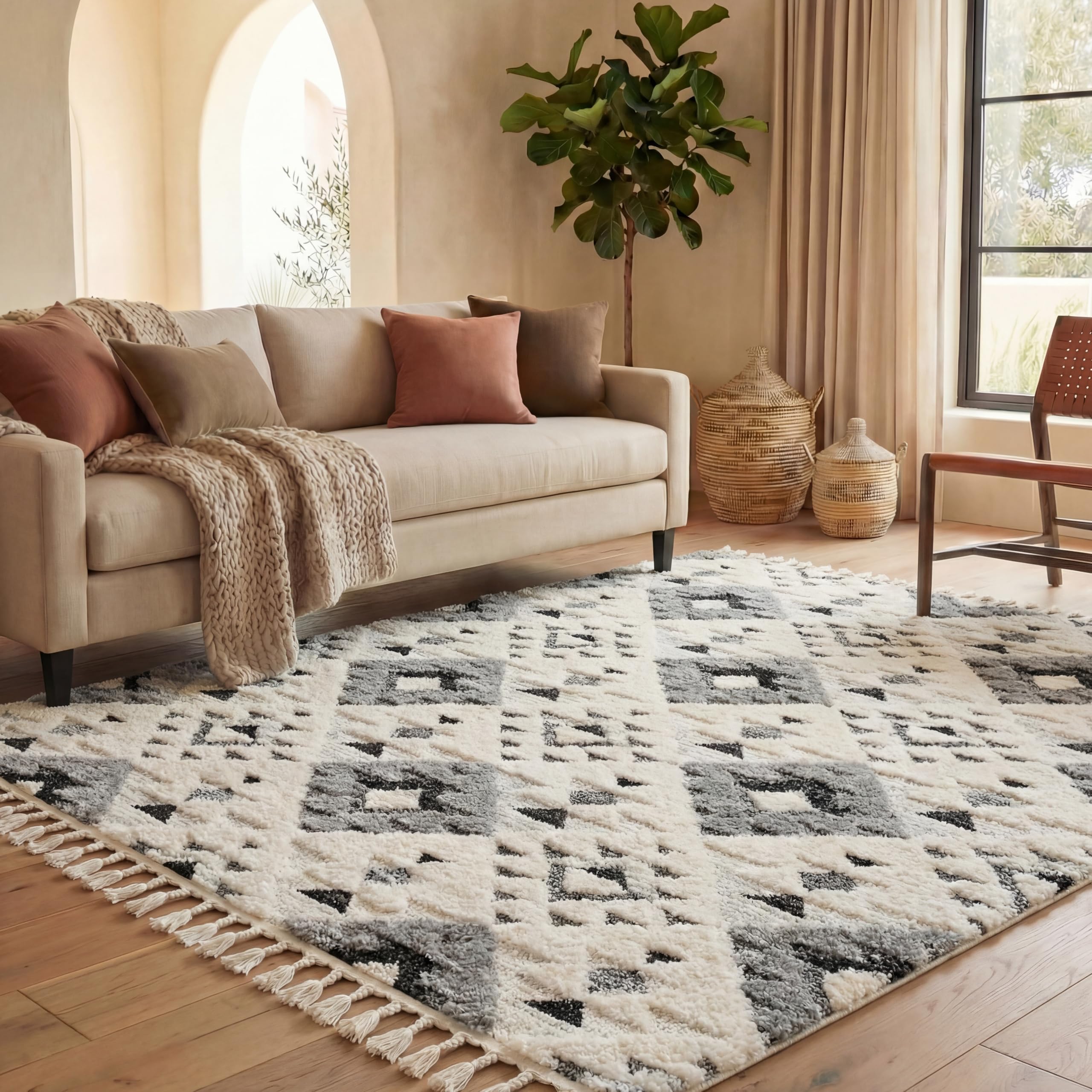 SAFAVIEH Area Rug 8x10 - Moroccan Tassel Shag Collection - Large - Ivory & Grey, Non-Shedding & Easy to Clean, Plush High-Low Texture, Ideal for Living Room, Bedroom, Dining Space (MTS688F)