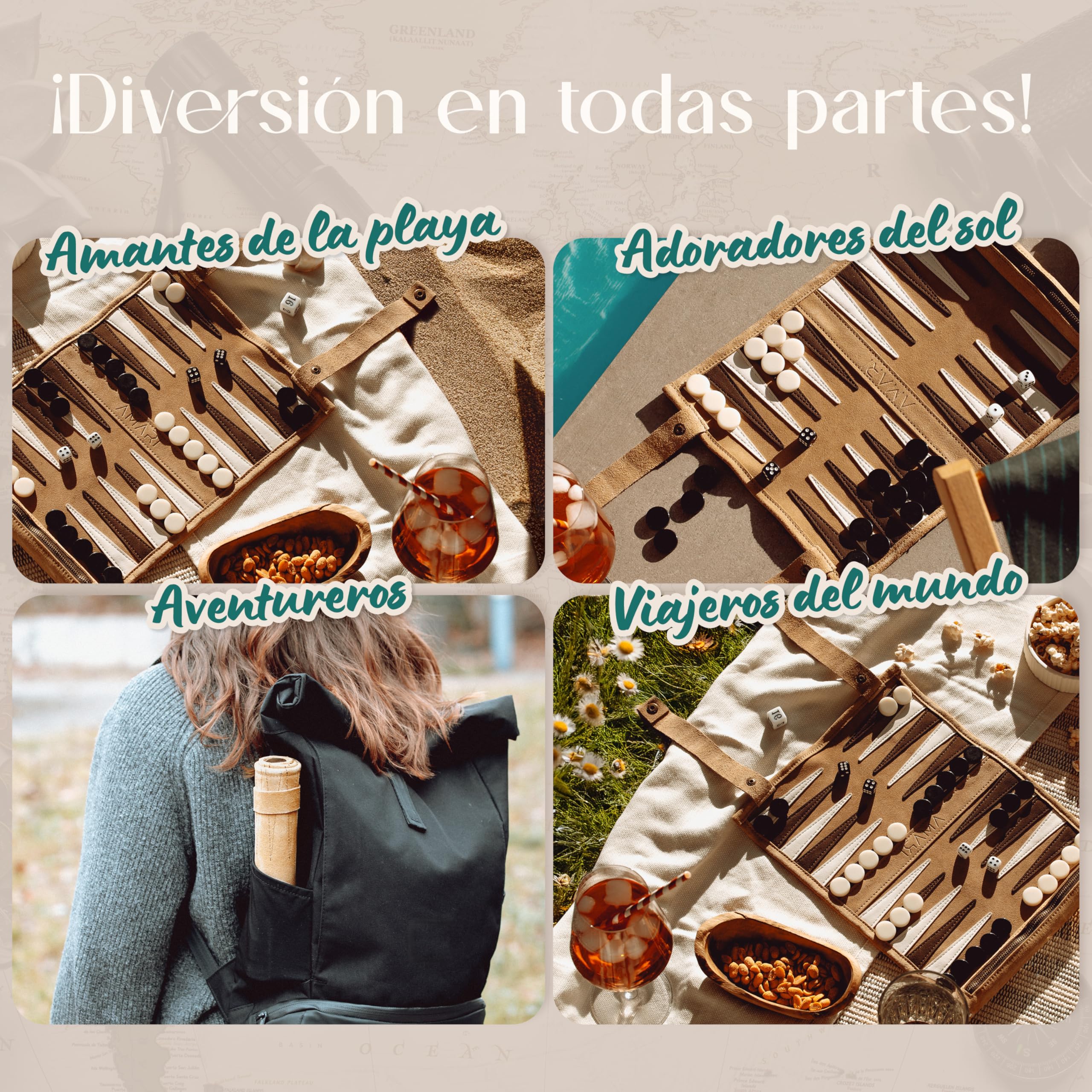 Amari ® Backgammon de Viaje de Piel 100% - Backgammon Enrollable para Viajes y Viajes - Back Gammon Maleta - Juego de Piel