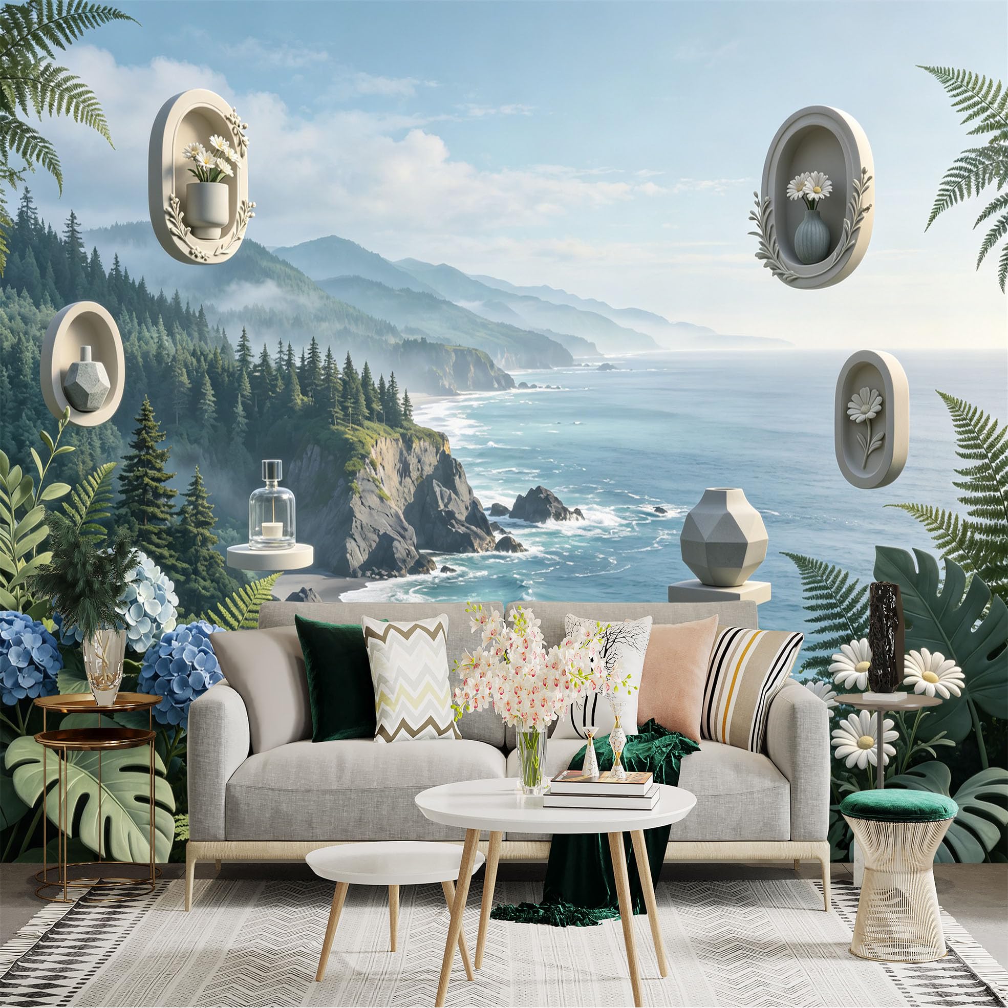 Lnzczhyre Bh260719779 Custom Size Wall Sticker Mural， Scenic Coastal Cliff View With Floating Geometric Vases And Fresh Flowers， For Wall Decoration， Peelandstick Wall Decals.