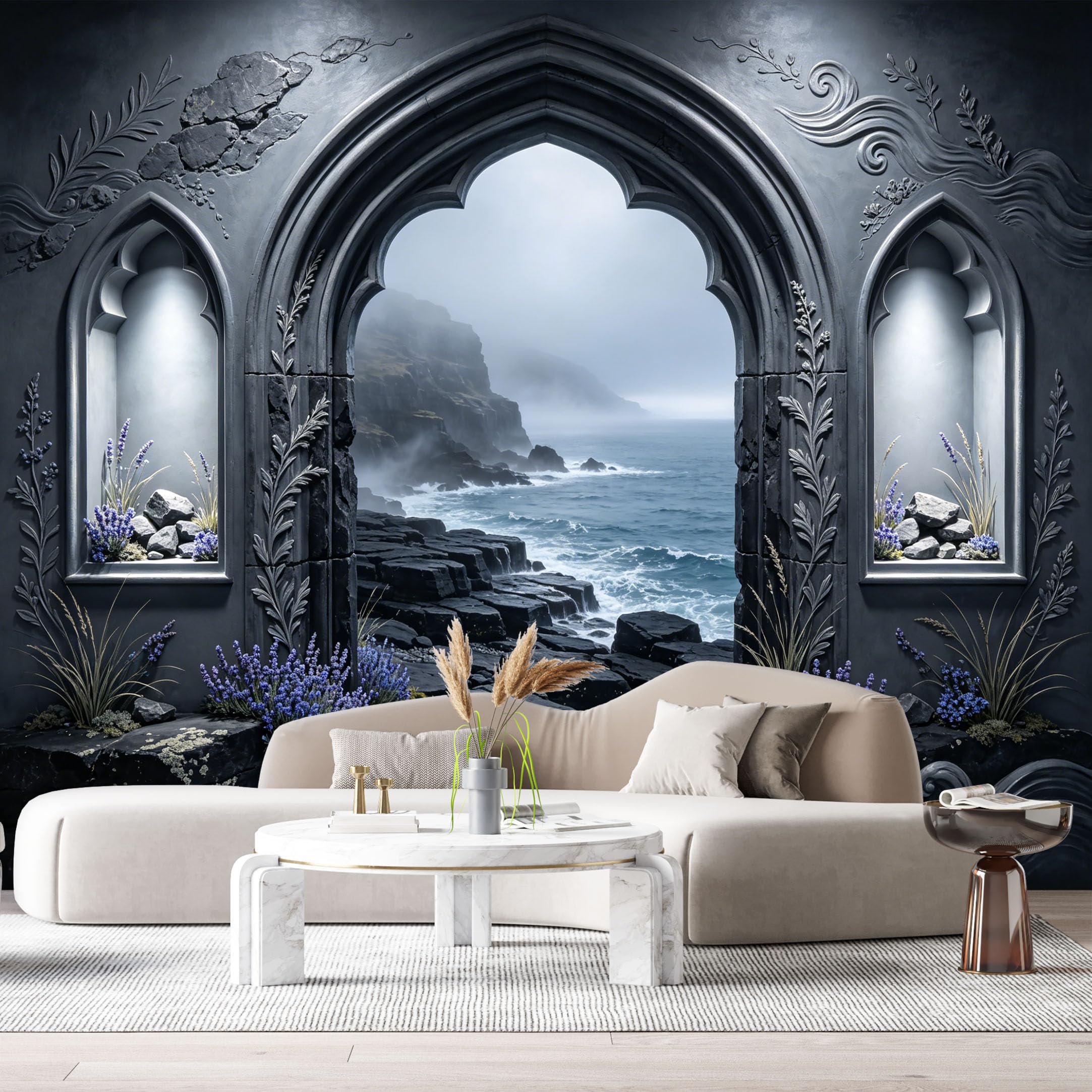 Custom Size Wall Murals Gothic Fantasy Coastal Mist Stone Archway 3D Trompe L'Oeil SelfAdhesiveWall Fabric Removable Wallpaper Wall Decor for Living Room Bedroom Bathroom