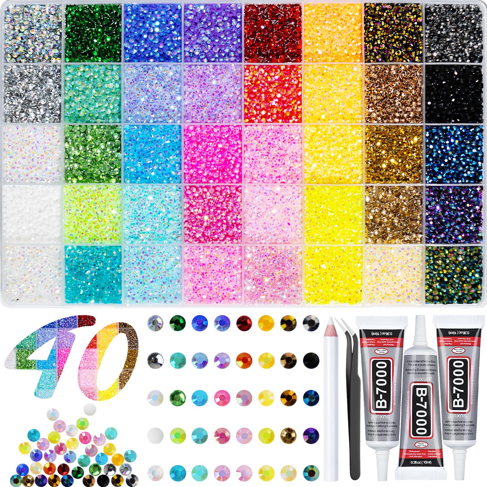 50000+Pcs Resin Jelly Rhinestones for Bedazzling Kit, 3mm Multicolor Flat Back Gems Bedazzler Kit with 3Pcs 10ml B7000 Jewelry Glue, Colorful Bulk Jewels for Diamond Nail Art 1 Box+3Pcs Glue/3mm